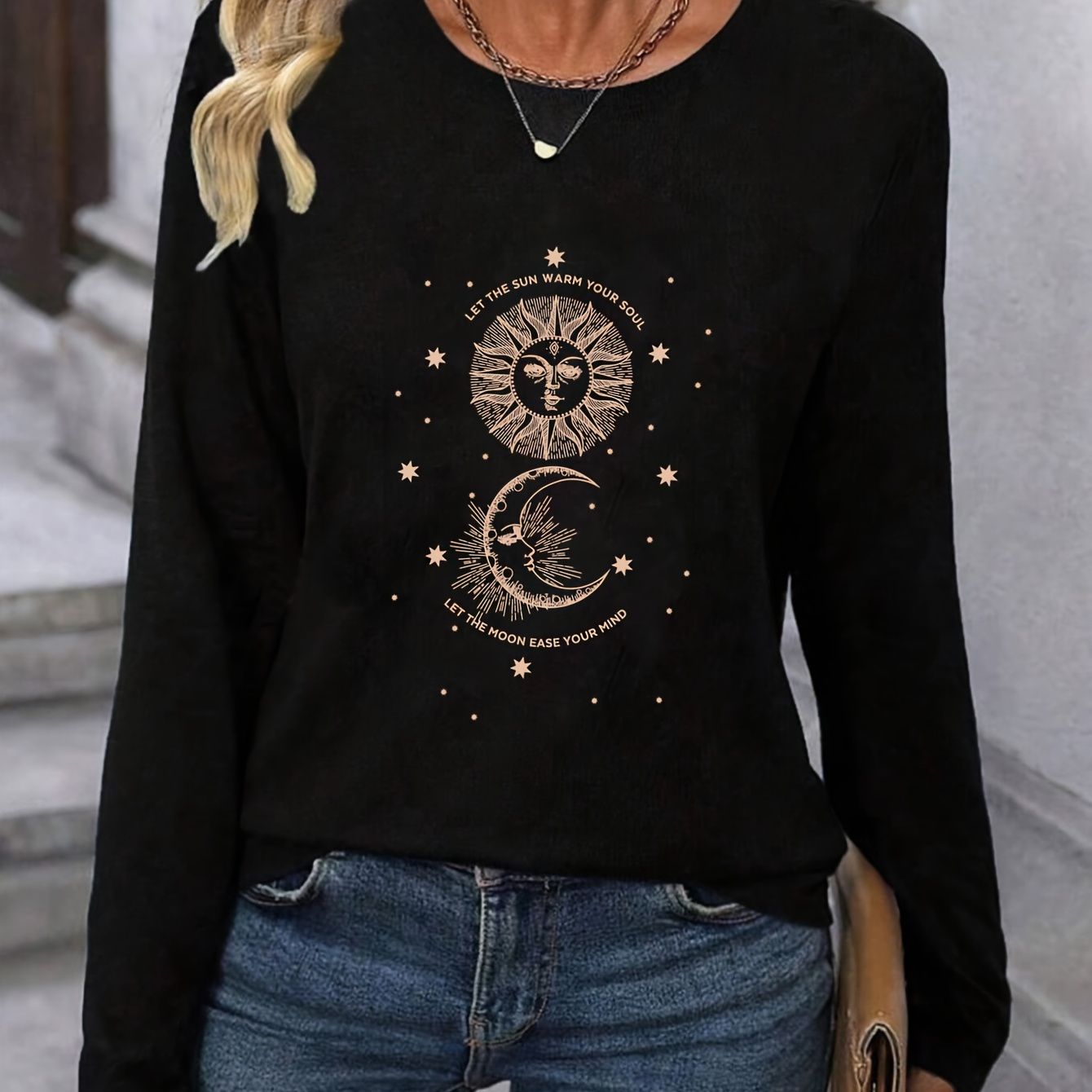 

Ladies Casual Black T-shirt With Starry Night Print - Long Sleeve, Round Neck, Relaxed Fit, Viscose And Elastane Blend, Suitable For All Seasons