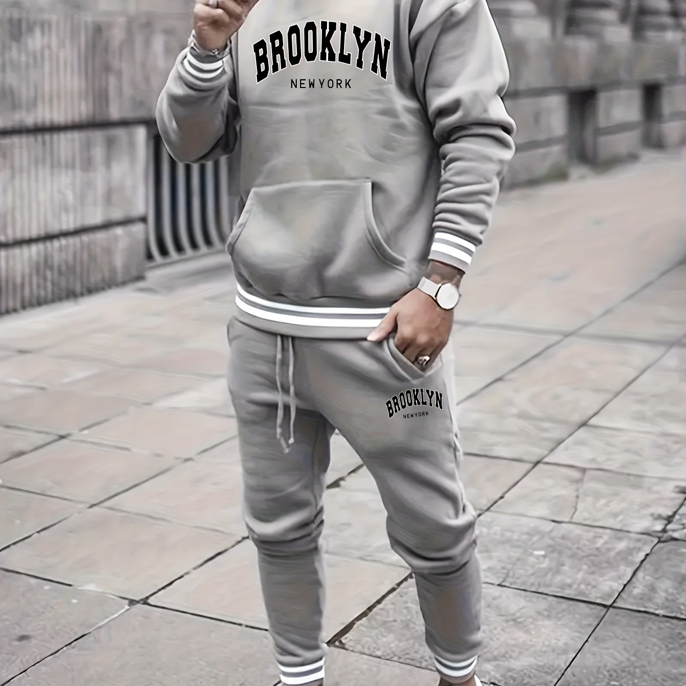 

2pcs Men's Trendy Brooklyn Letter Print Hooded Outfit, Hoodie & Pants Set, Men's Clothes For Spring Fall Winter, As Gift