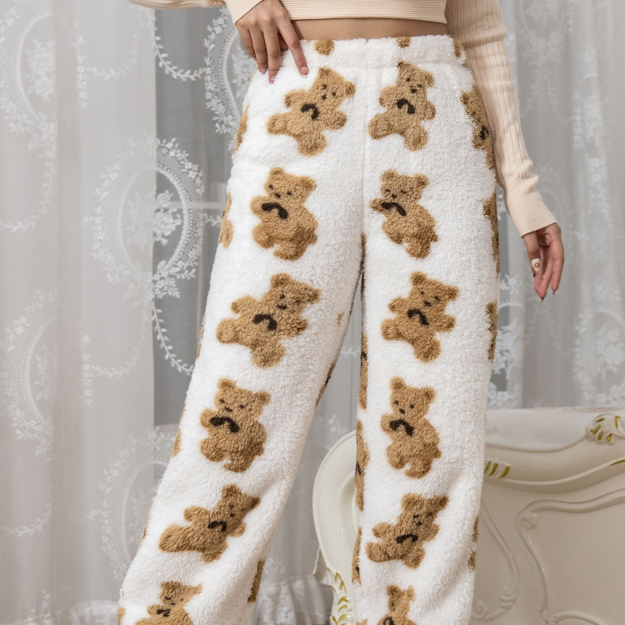 

Bear Print Plush Jogger Pants, Casual Elastic Waist Pants For Fall & Winter, Women's Clothing