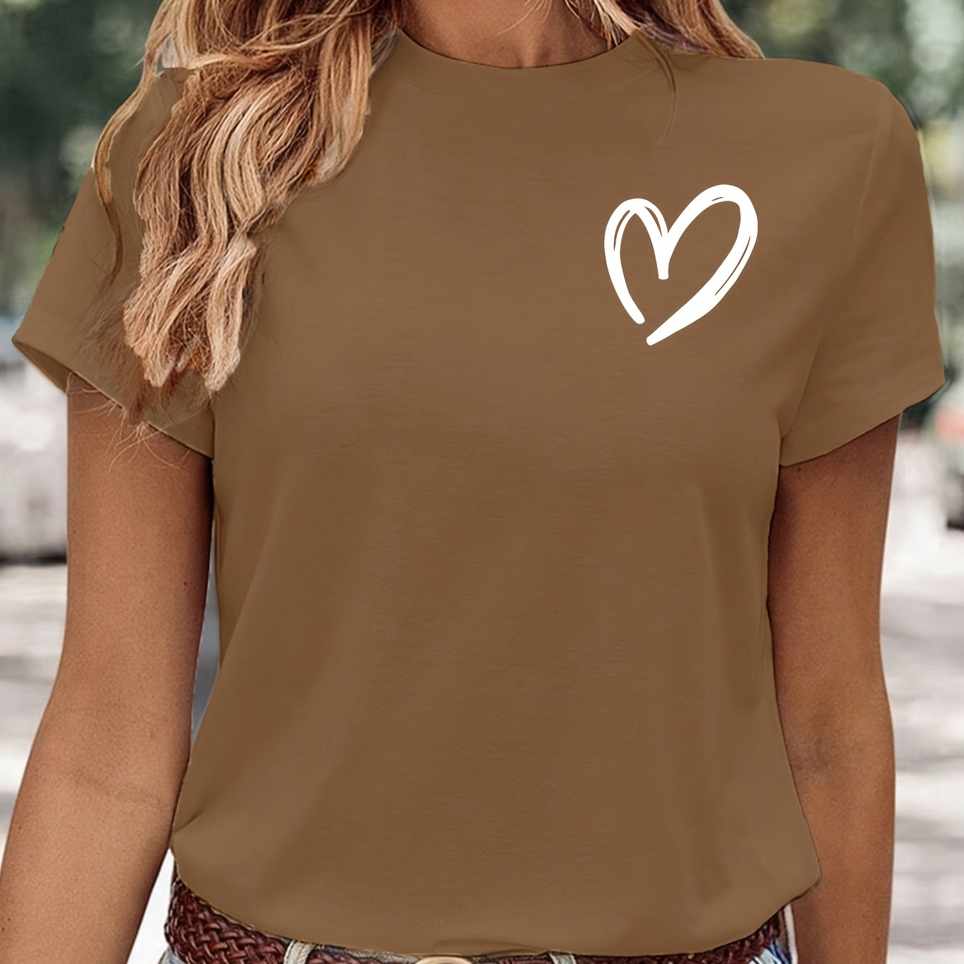 

Heart Pattern Versatile T-shirt, Round Neck Short Sleeves Stretchy Casual Tee, Valentine's Day Women's Tops Graphic