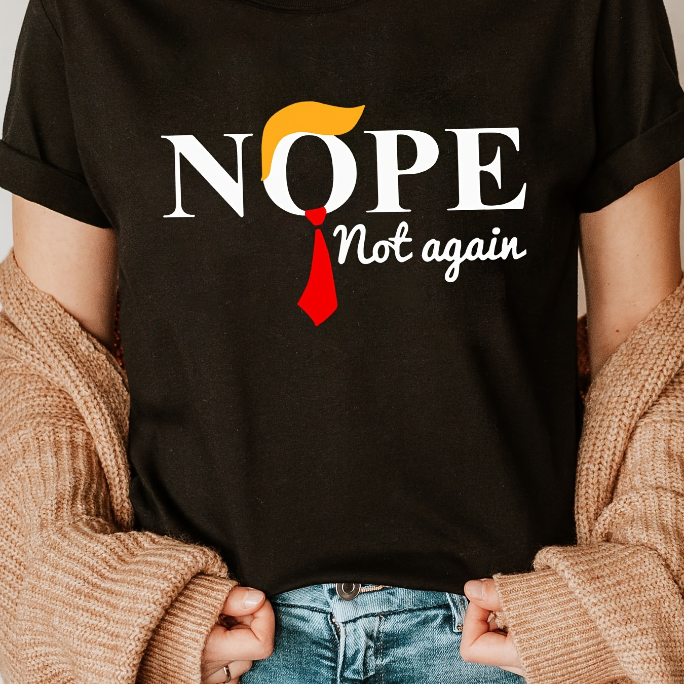 

Nope Print Crew Neck T-shirt, Short Sleeve Casual Top For Summer & Spring, Women's Clothing