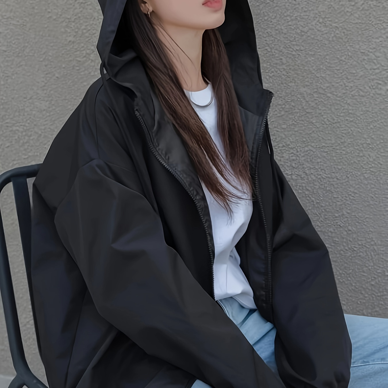 

Solid Color Zipper Drawstring Hooded Jacket, Casual Long Sleeve Loose Outwear For Spring & Fall, Women's Clothing