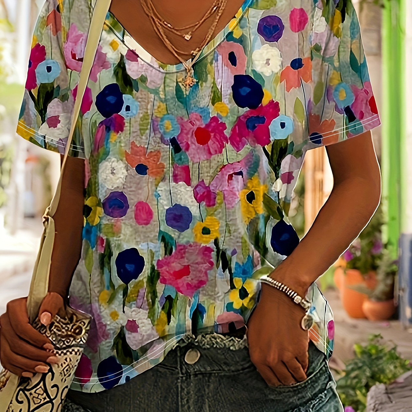 

Plus Size Floral Print T-shirt, Casual V Neck Short Sleeve T-shirt, Women's Plus Size clothing