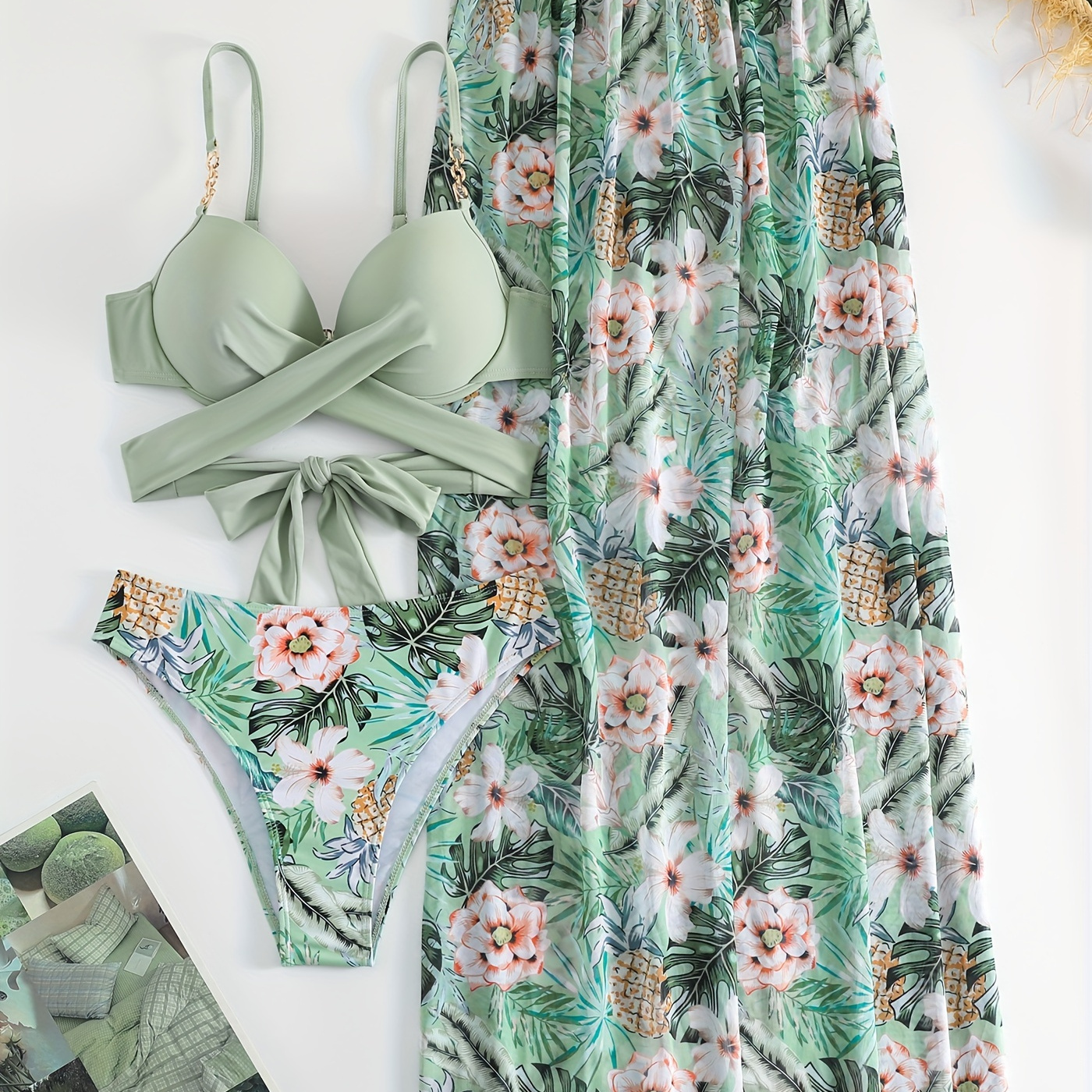 

Tropical Print 3 Piece Set Bikini, Layered High Cut With Cover Up Skirt Swimsuits, Women's Swimwear & Clothing