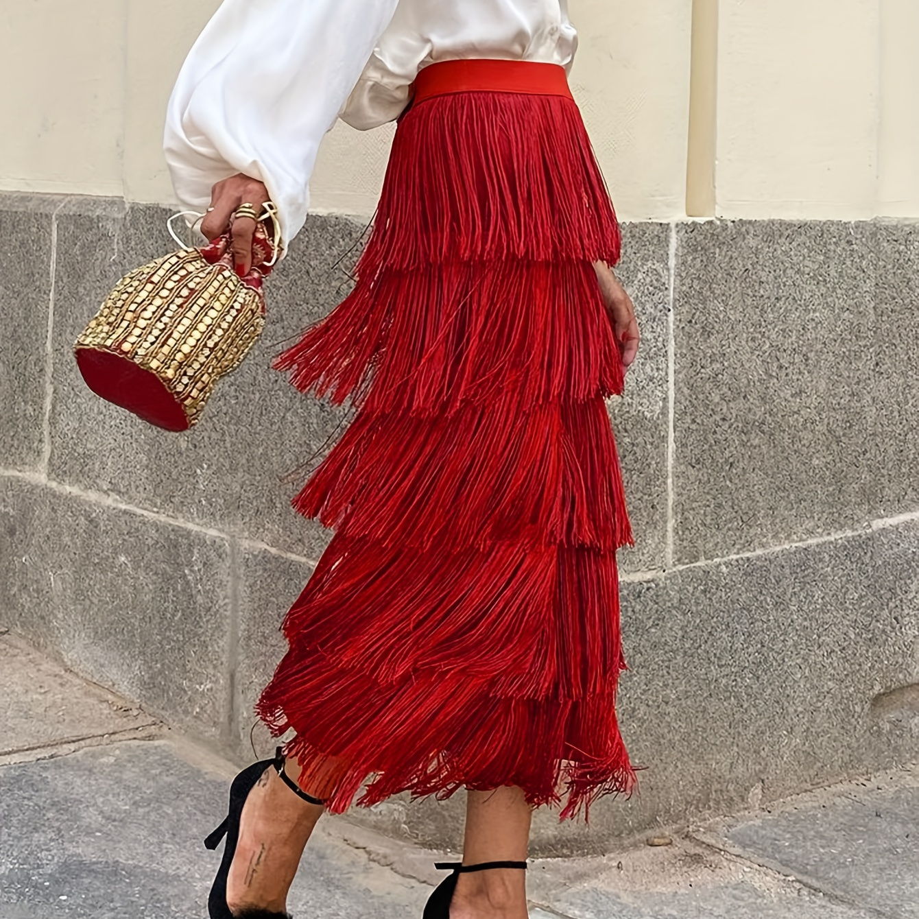 

Elegant Women's Tassel Skirt - High-waisted, Flowy Red Polyester With Waistband, All , Plus Size Skirts