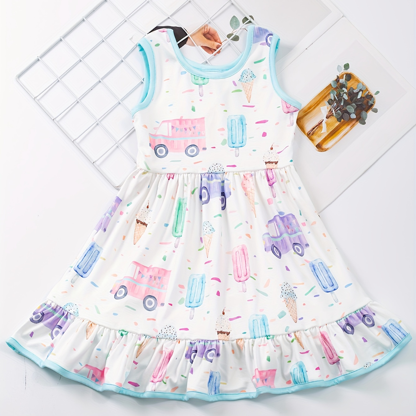 

Sweet Girls Stretchy Cartoon Car & Ice Cream Print Crew Neck Sleeveless Dress Summer Clothes Gift Party