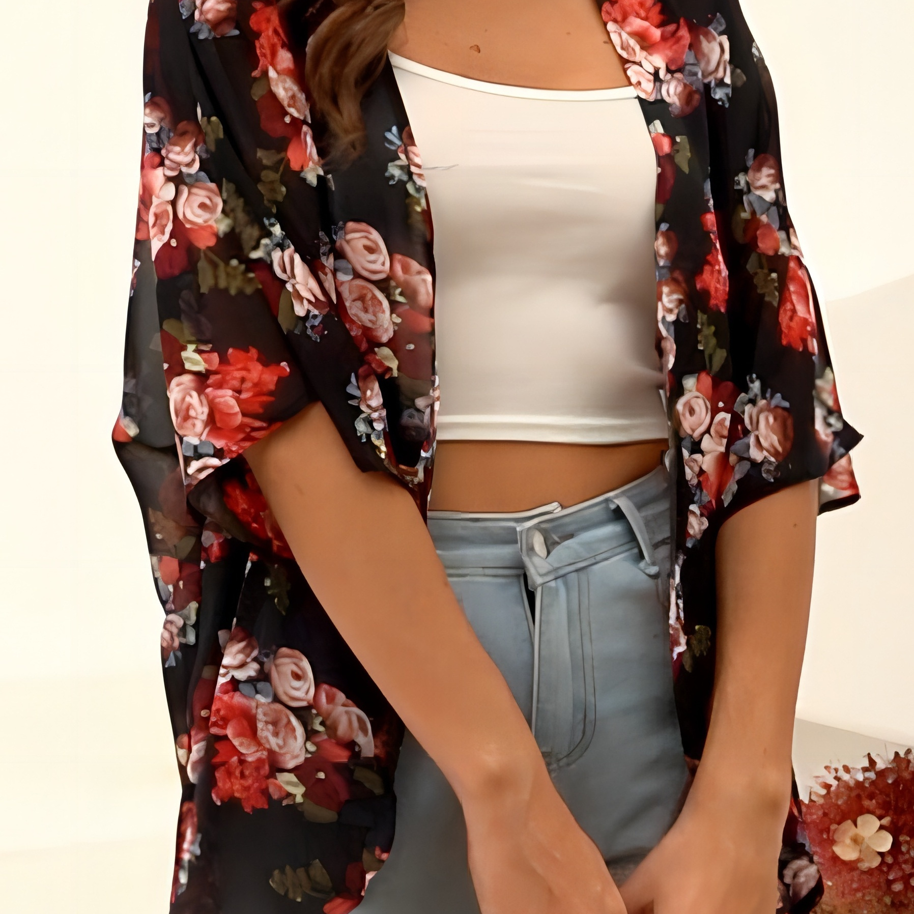 

Plus Size Casual Cover Up, Women's Plus Floral Print Bat Sleeve Cover Up Cardigan