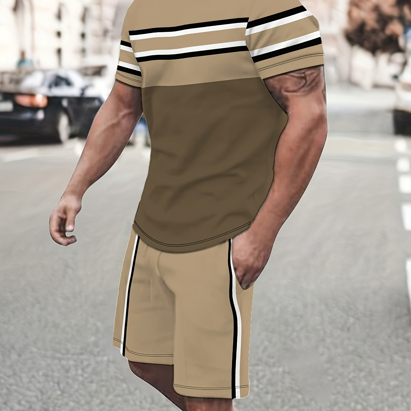 

Men's Outfit, Color Matching Striped Casual Crew Neck Short Sleeve T-shirt & Shorts 2-piece Set For Summer Outdoor Activities