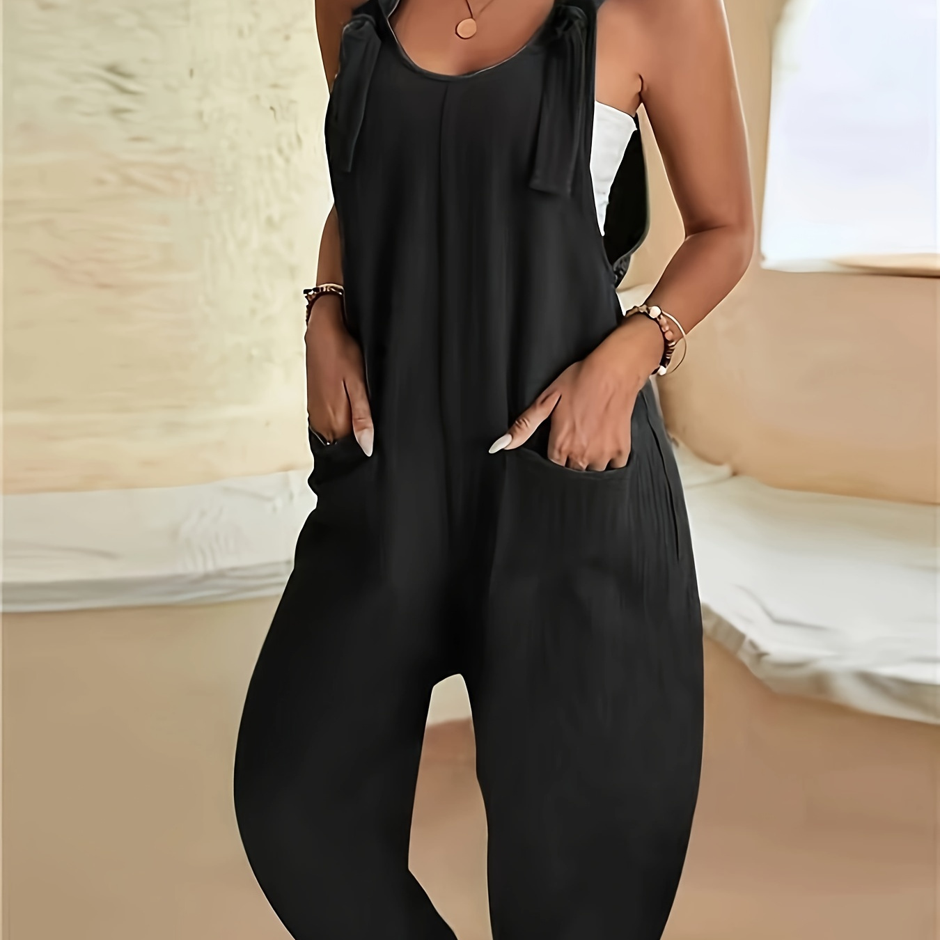

Solid Color Pockets Overall Jumpsuit, Casual Knot Front Loose Overall Jumpsuit For Spring & Summer, Women's Clothing