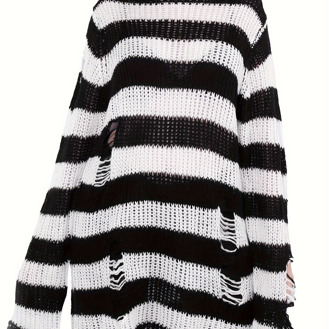 

A Long, Loose-fitting Knitted Top With A Round Neck, Featuring A Unique Torn Design In A Gothic Style With Contrasting Stripes.