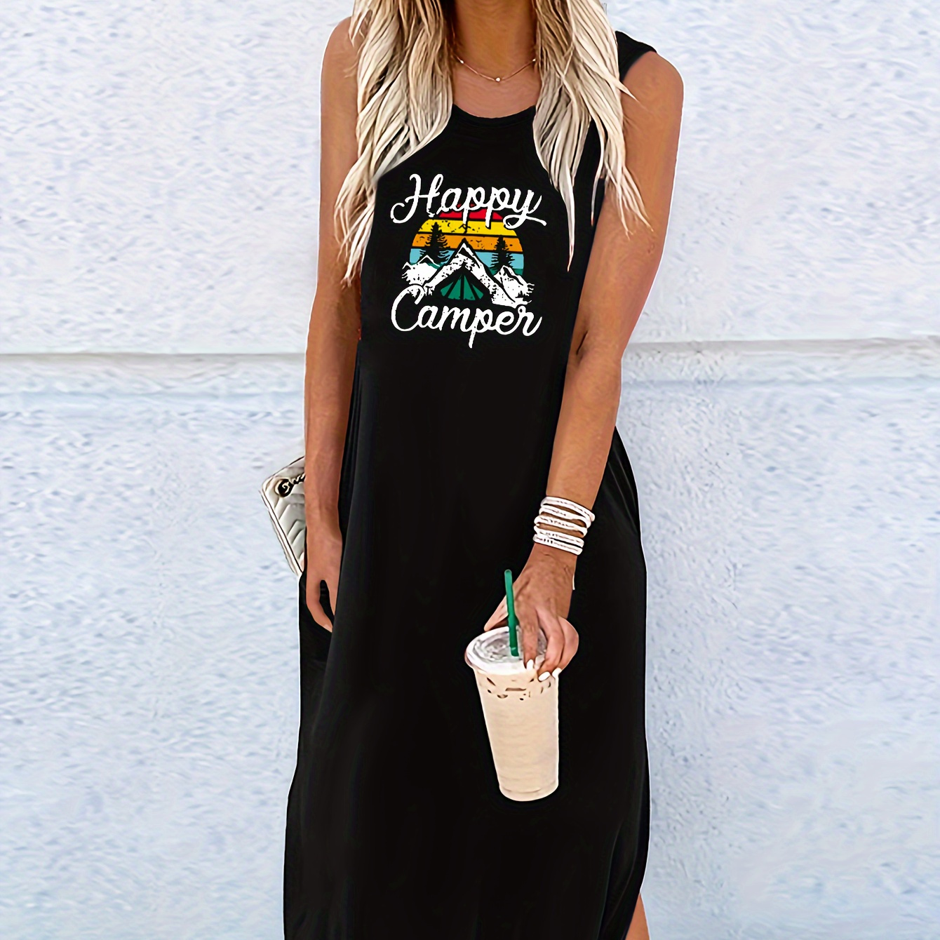 

Happy Camper Print Tank Dress, Casual Crew Neck Sleeveless Dress For Summer, Women's Clothing