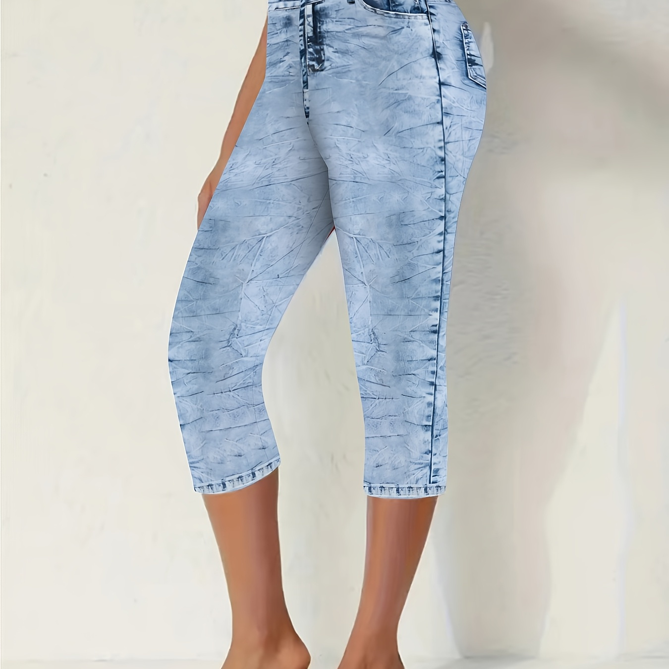 

Chic Vacation-style Stretchy Capri Leggings For Women - Fashionable Denim Print With Waistband, Mid-calf Length, Lightweight Polyester , Machine Washable