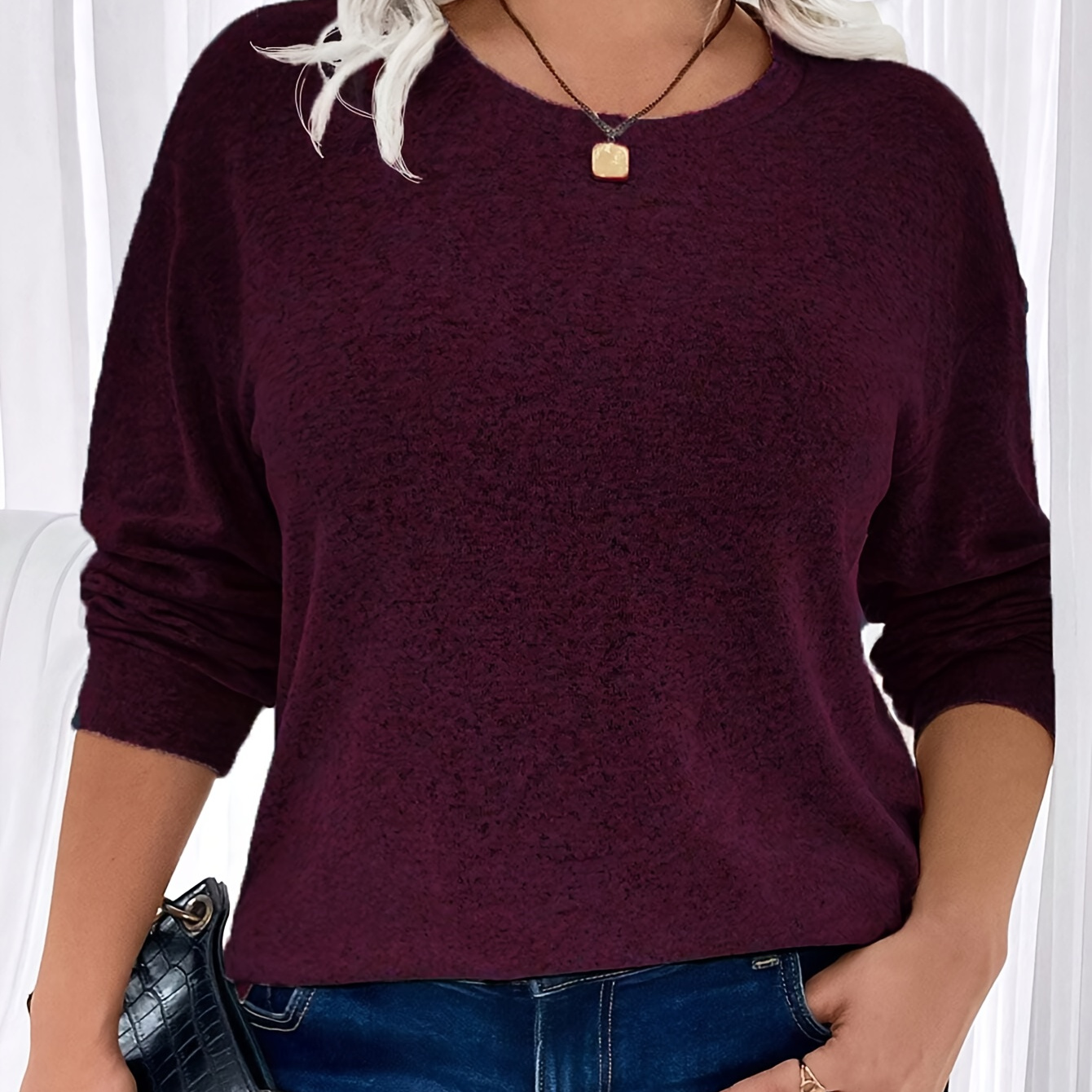 

1pc Women's Plus Size Casual Long Sleeve T-shirt - Polyester Knit Crew Neck Solid With Medium Stretch For Fall/winter