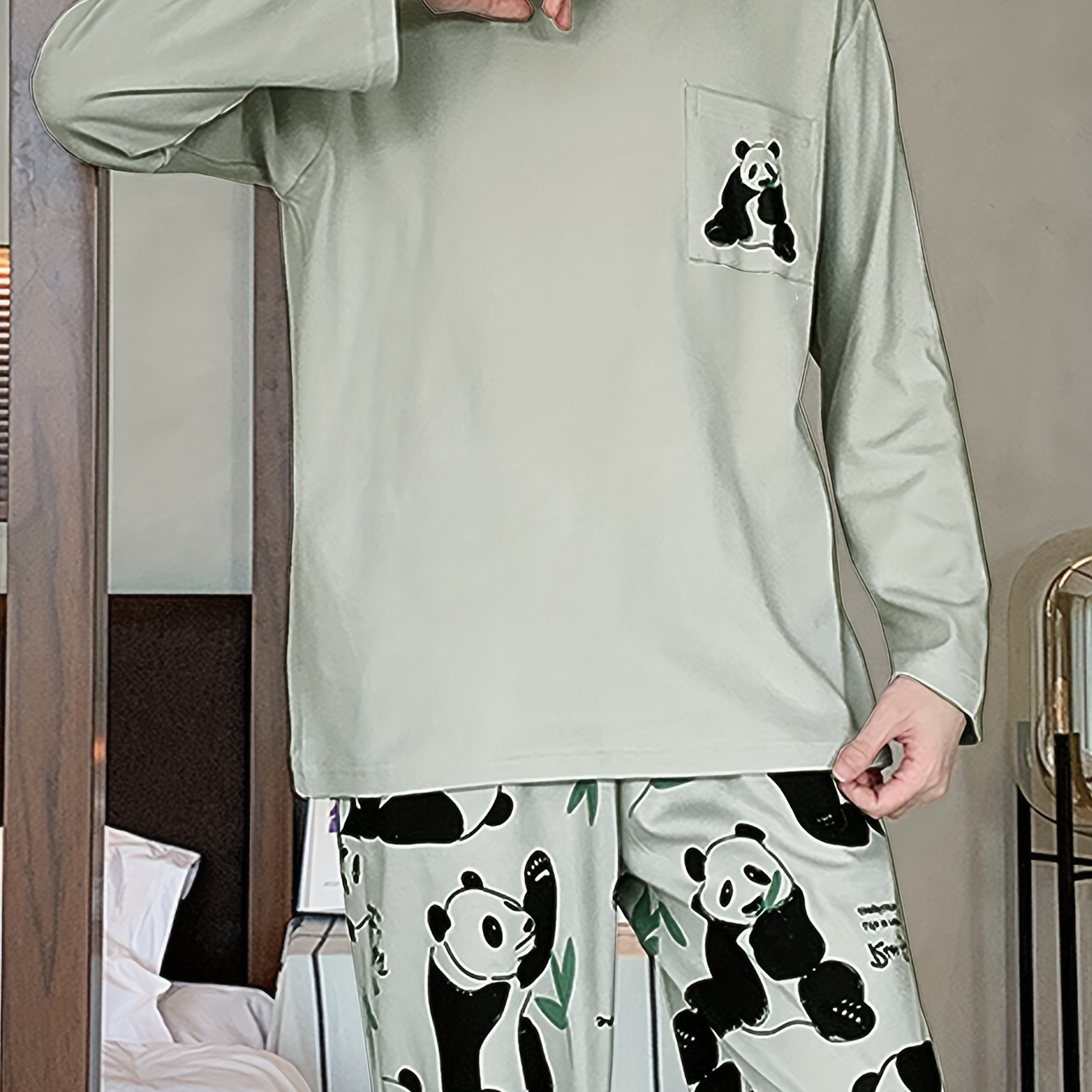 

2 Pcs Men's Stylish Panda Print Pocket Round Neck Long Sleeve & Trousers Pajama Set, Comfortable & Skin-friendly Style Pajamas For Men's Cozy Loungewear