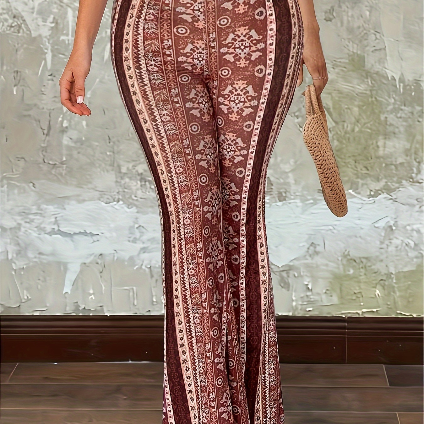 

Tribal Print Flare Leg Pants, Vintage High Waist Forbidden Pants For Spring & Summer, Women's Clothing