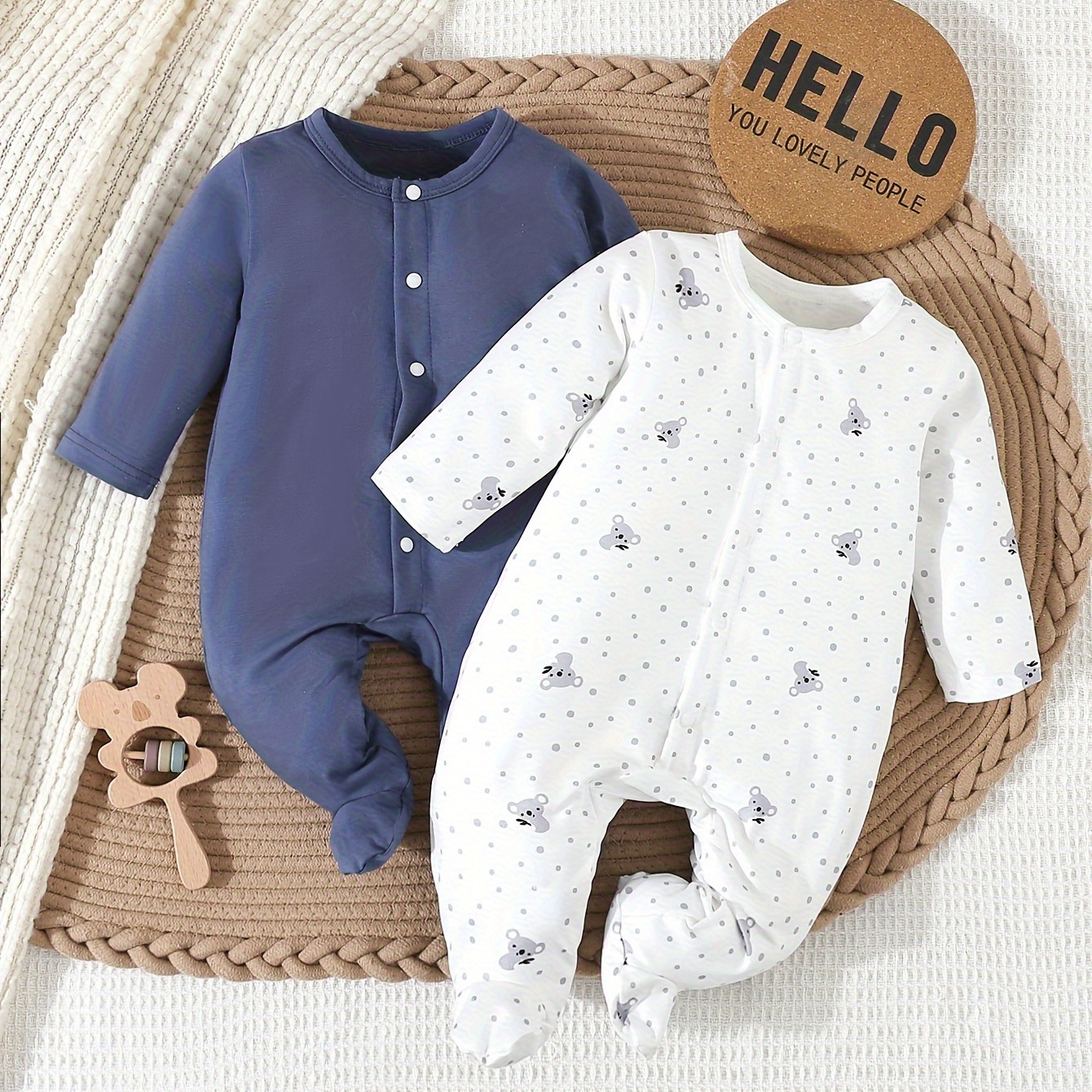 

Ensemble de 2 pyjamas à pieds à manches longues pour bébés garçons, imprimé koala mignon, essentiels pour nouveau-nés, bleu et blanc, fermeture à boutons-pression