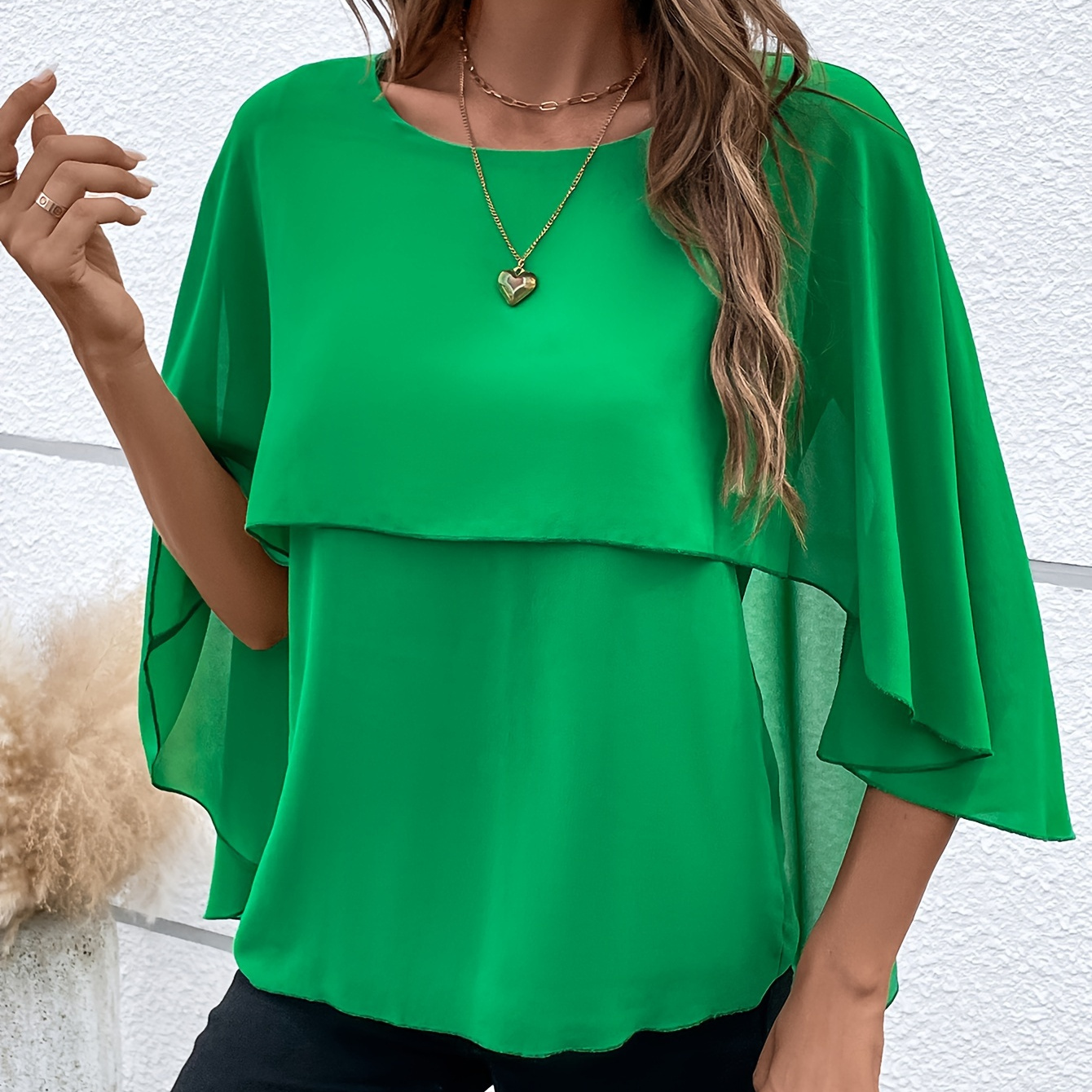 

Solid Layered Cloak Sleeve Blouse, Versatile Crew Neck Blouse For Spring & Fall, Women's Clothing