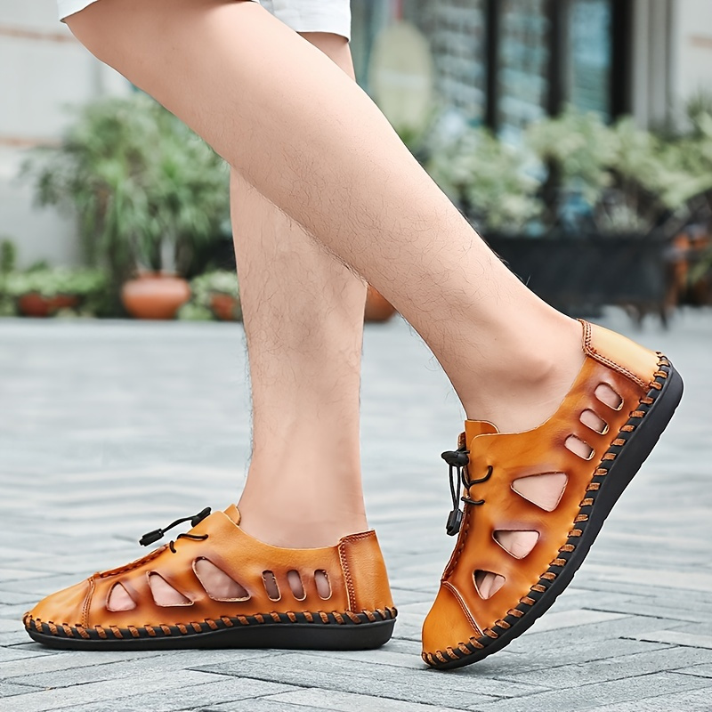 Men's Handmade Stitching Leather Sandals Outdoor Casual Durable Summer Hollow Out Walking Shoes