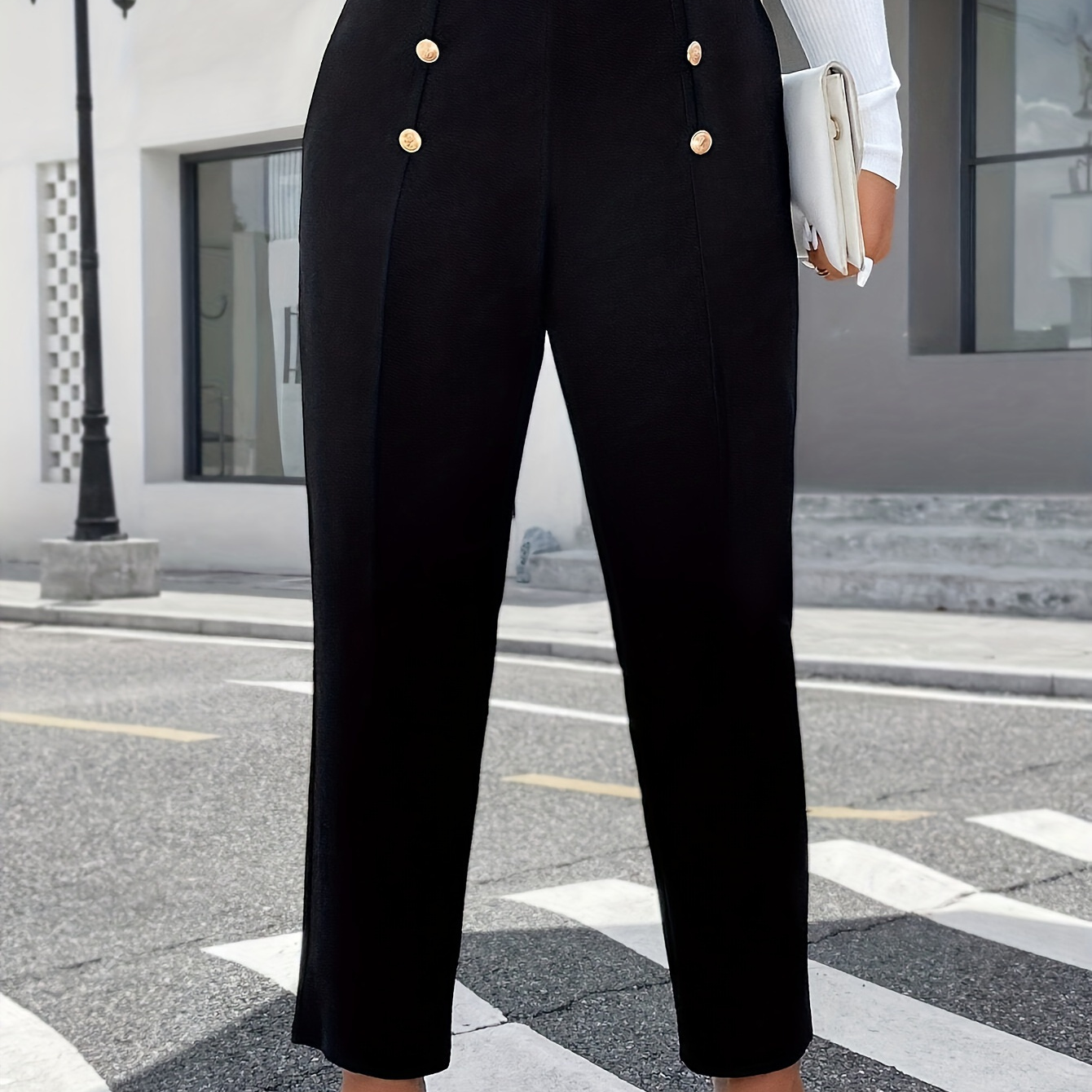 

Elegant Solid Color Tapered Pants - Polyester, Knit Fabric, Button Detail, Machine Washable