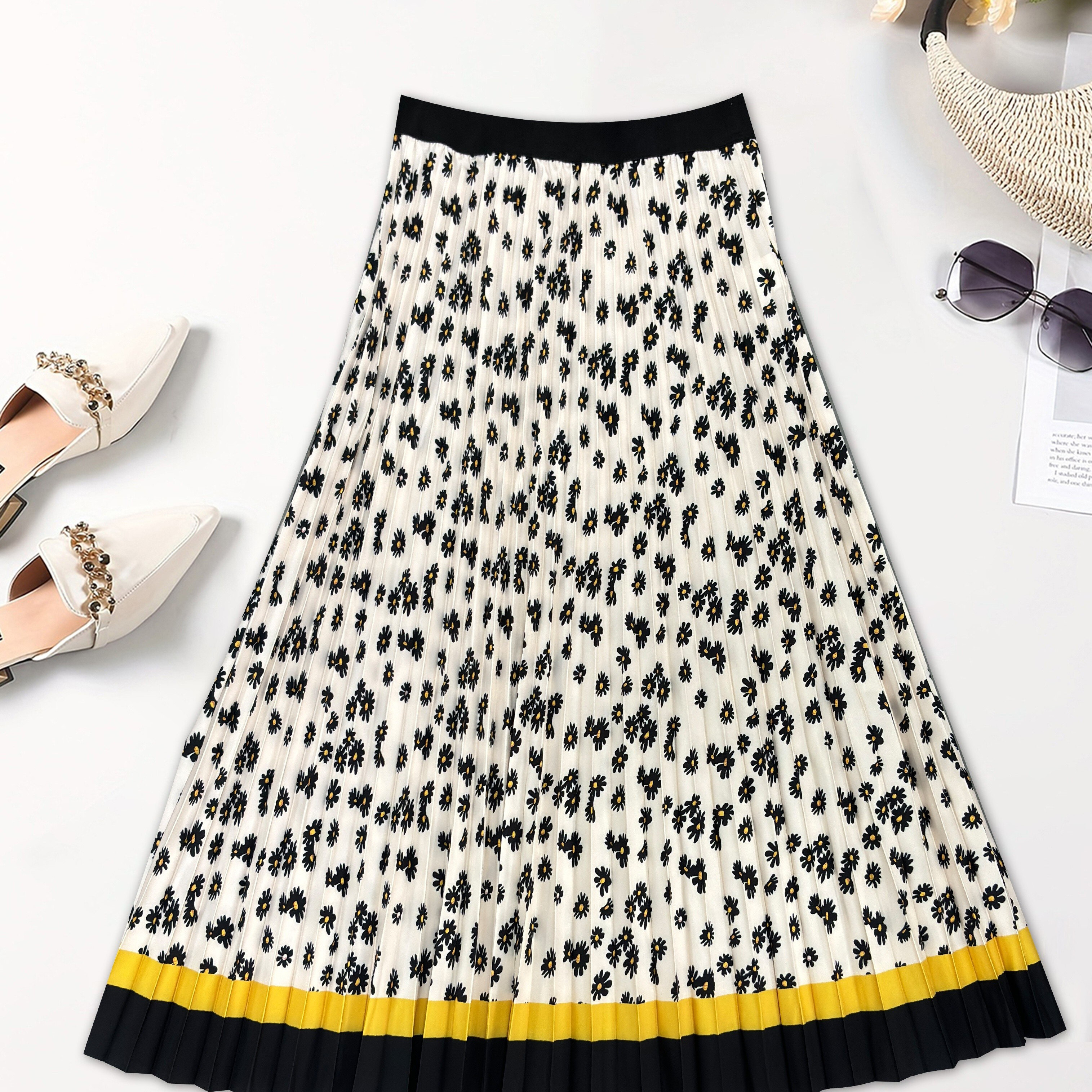 

Allover Print High Waist Pleated Skirt, Casual A-line Midi Skirt For Spring & Summer, Women's Clothing
