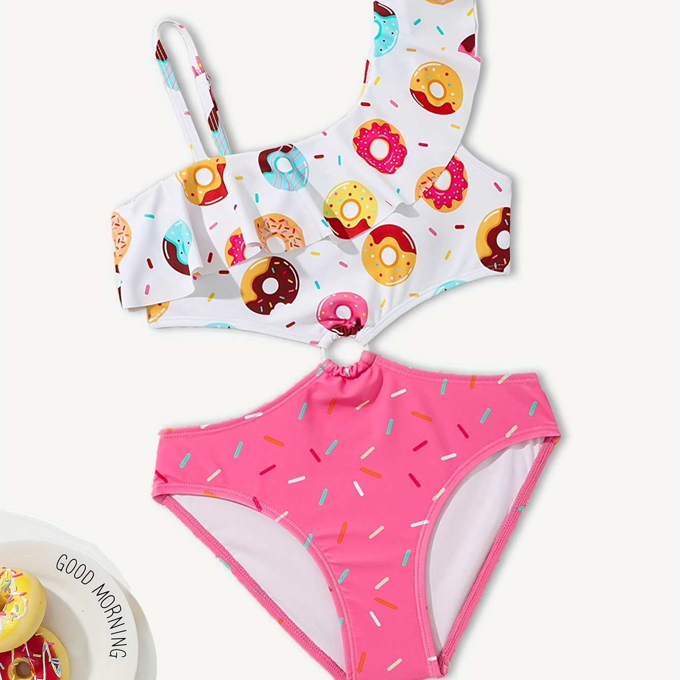 

Donut Splicing 1pc Bathing Suits For Girls, Asymmetrical Shoulder Swimwear For Pool Beach Holidays Summer Gift