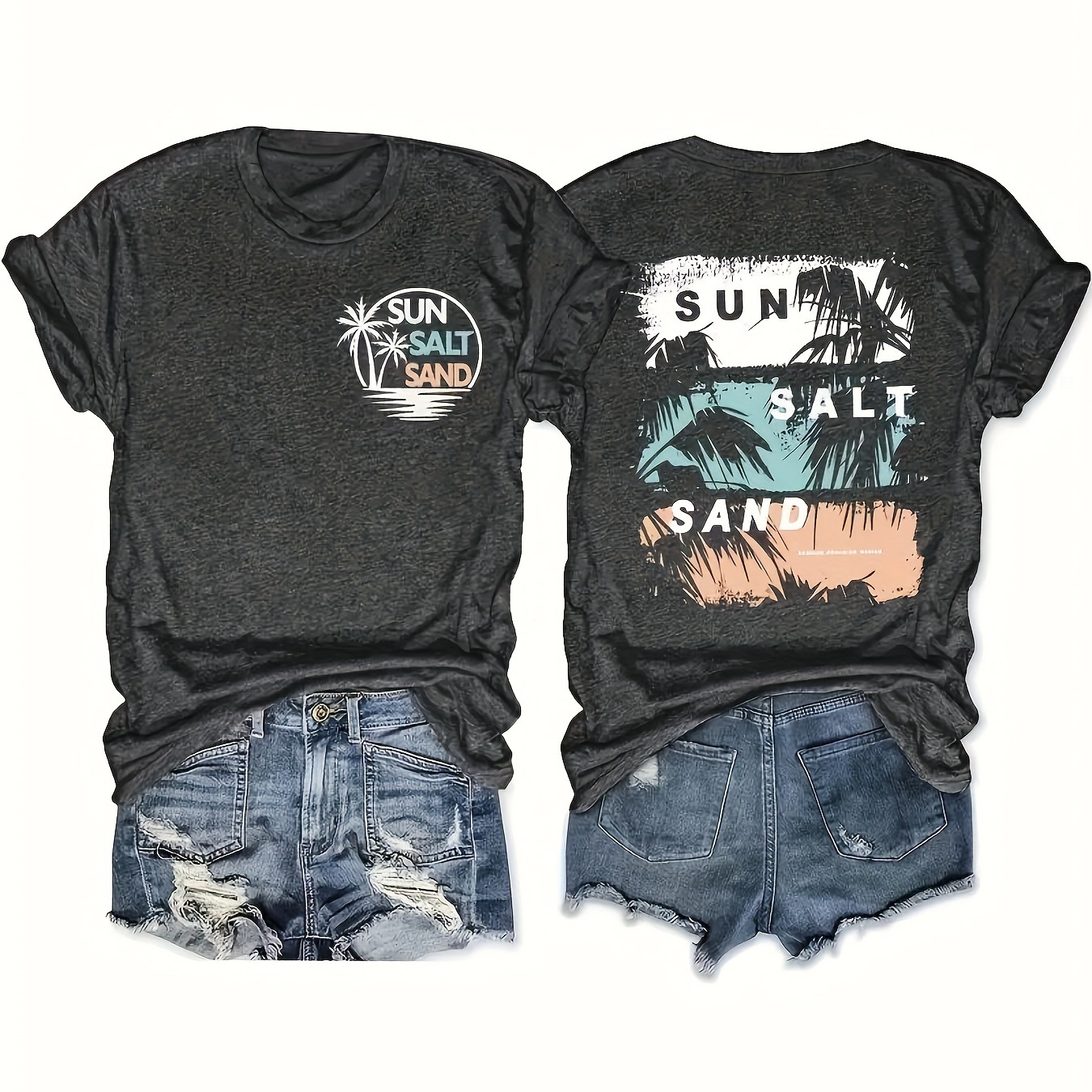 

Plus Size Sun Salt Sand Print T-shirt, Casual Short Sleeve Crew Neck Top For Spring & Summer, Women's Plus Size Clothing