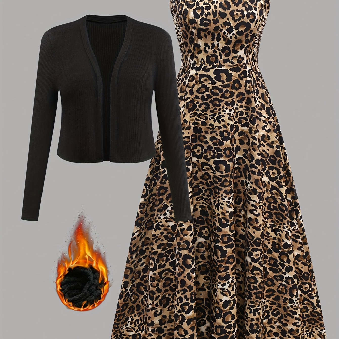 Black Cardigan + Leopard Print Maxi Dress Set