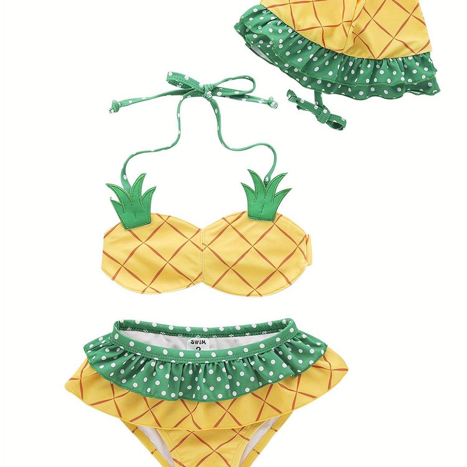 

2pcs Toddler's Pineapple Pattern Bikini & Hat Set, Stretchy Halter Neck Bathing Suit, Baby Girl's Swimsuit For Summer Beach Holiday