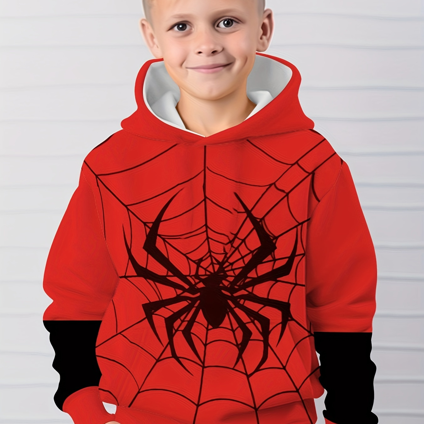 

Boys Casual Hoodie With Spider Web Print, Long Sleeve, Geometric Pattern, Knit Fabric, Polyester 100%, Regular Fit, , Warmth