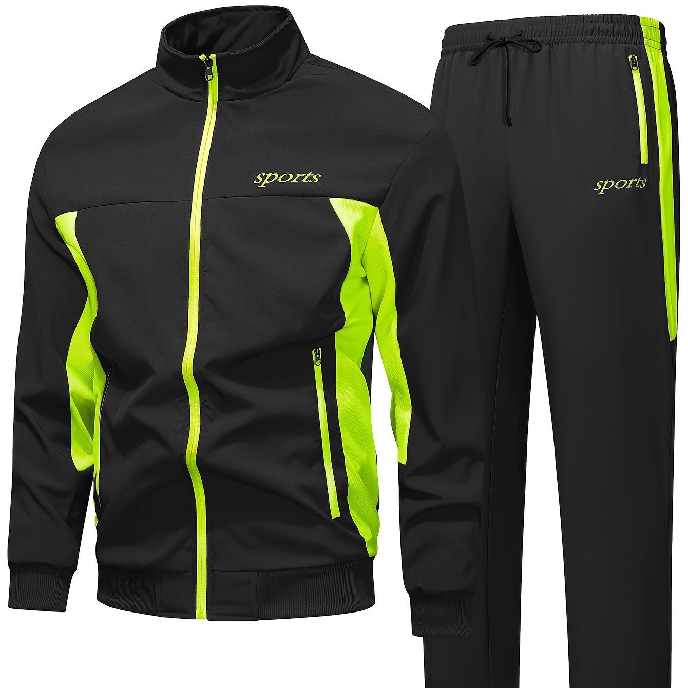 

Men's Polyester Sports Tracksuit Set With Collared Neck - Full-zip Jacket & Sweatpants With Pockets, Patchwork Design, Slight Stretch Fabric For Spring/fall - Regular Fit Woven Activewear 8030