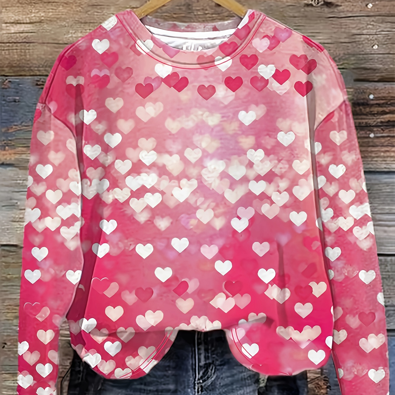 

Women's Plus Size Valentine's Day Heart Print Long Sleeve T-shirt, Casual Round Neck Top With Gradient Pink To , Soft Polyester For Spring And Fall, Valentine's Day Outfit