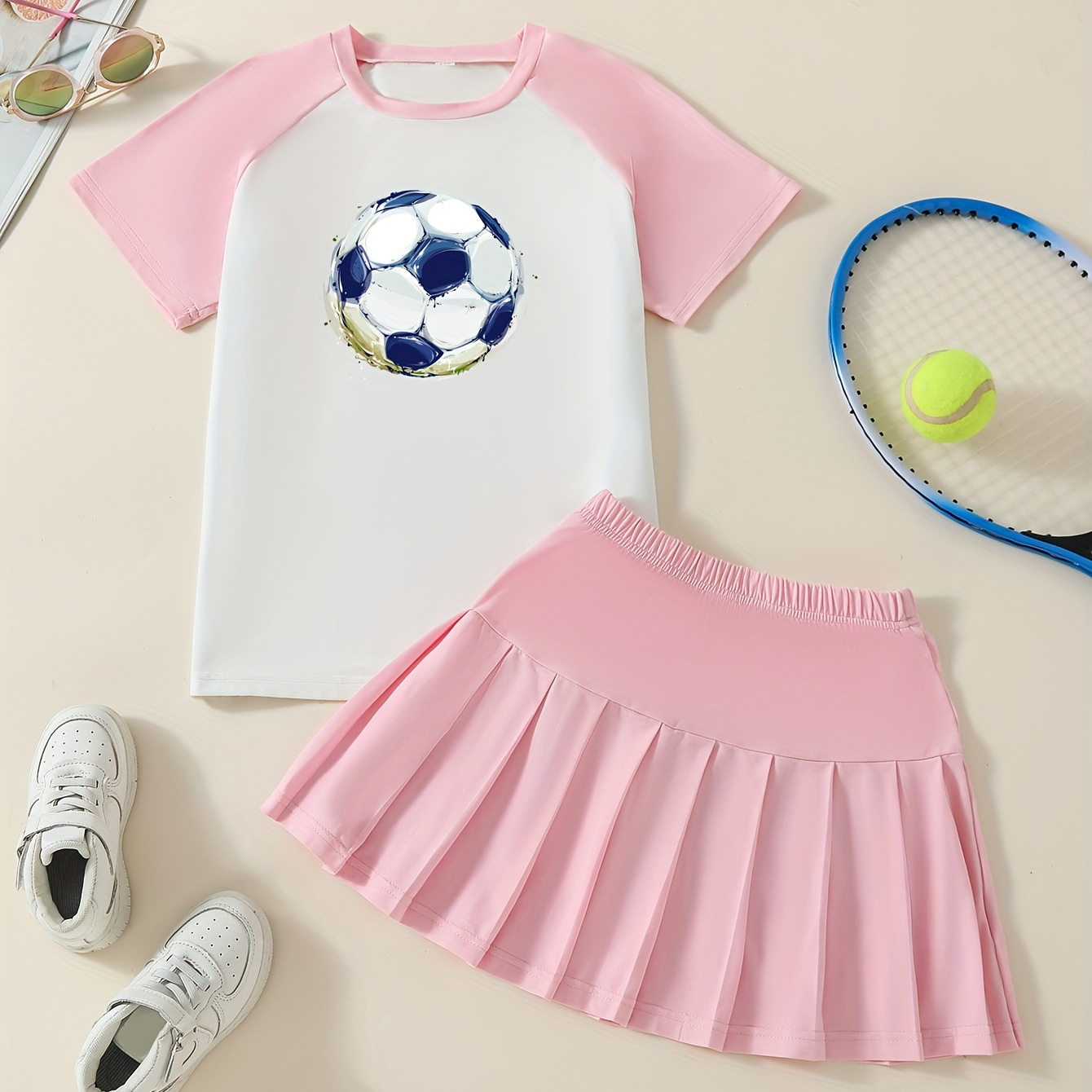 

Royal , Soccer Pattern Print, Comfortable And Versatile Crew Neck Short Sleeve T-shirt & Pleated Skirt Set, Cute, Breathable And Comfy Fashion For Summer, Perfect For Casual Sports