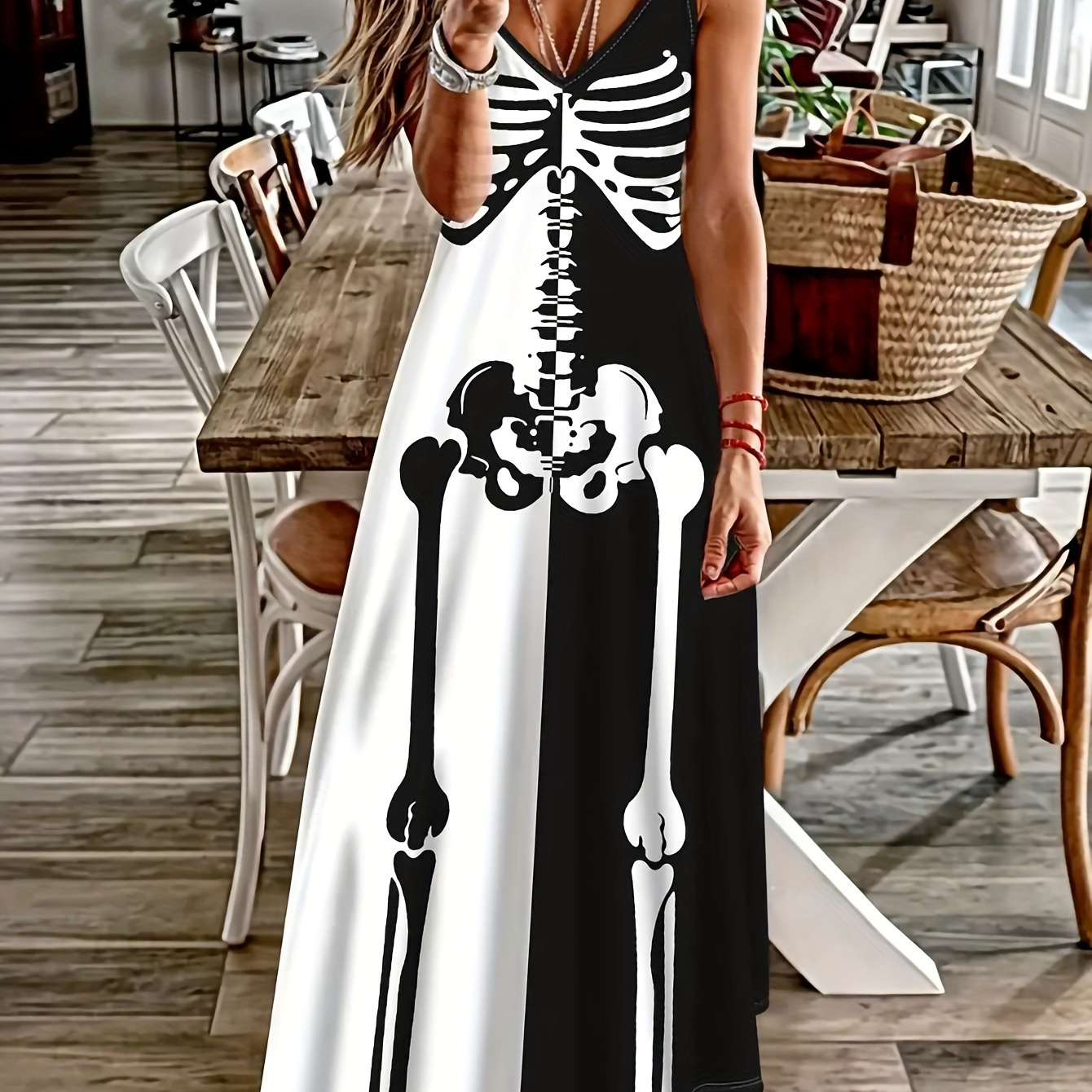 

Skeleton Print Spaghetti Strap Dress, Elegant Backless Cami Dress, Women's Clothing