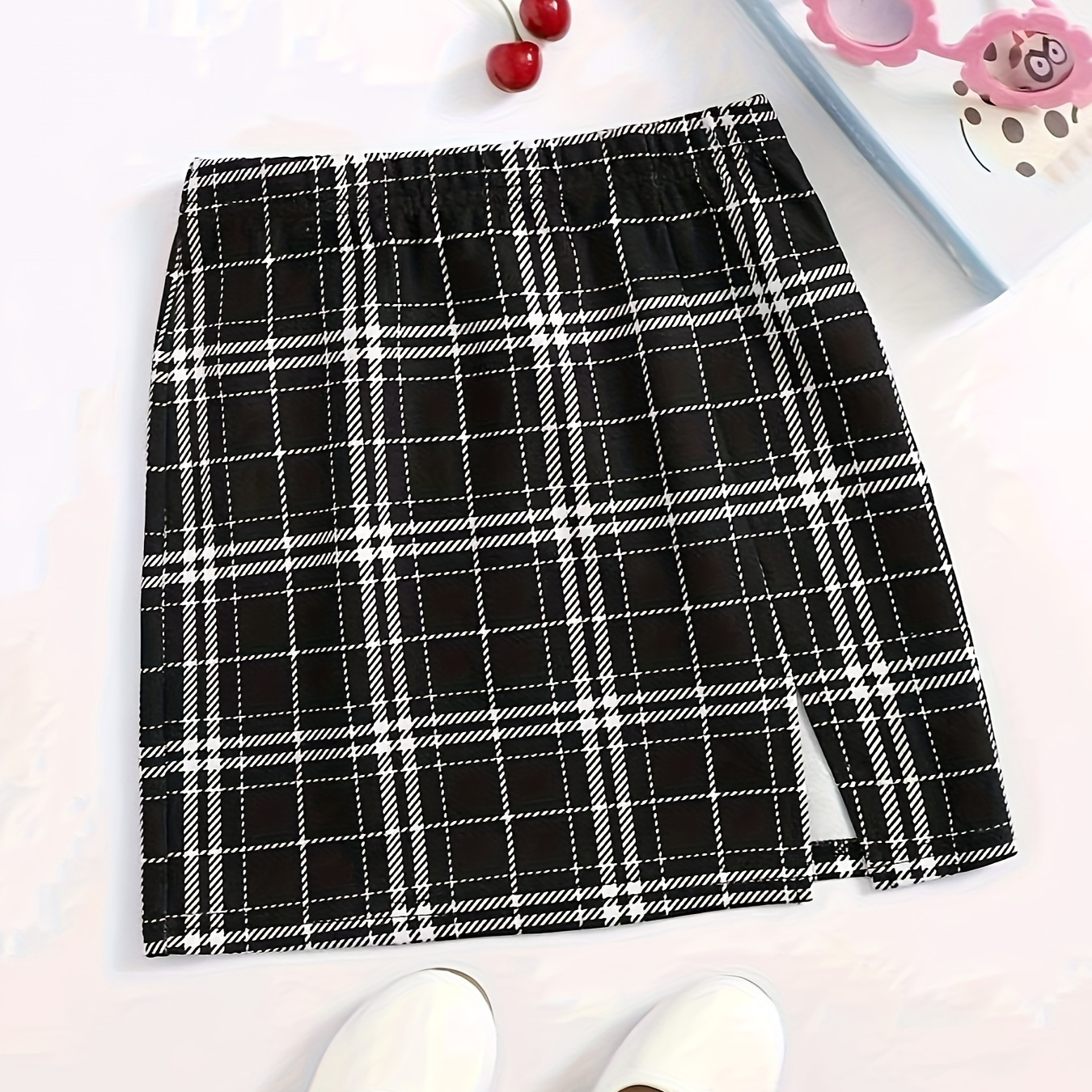 

Plaid Pattern Slit Skirt, Y2k Bag Hip Mini Skirt For Spring & Summer, Women's Clothing