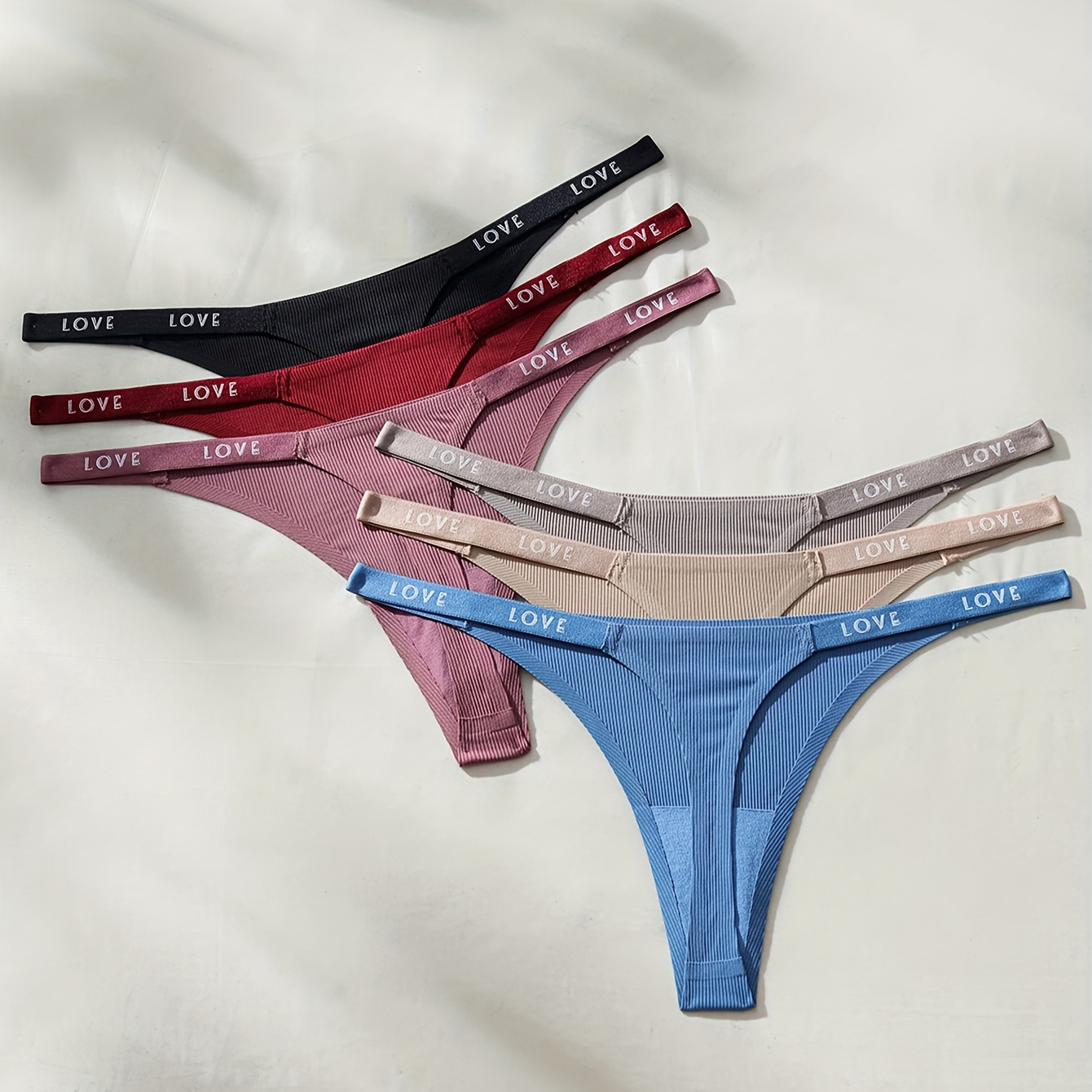 

6pcs Letter Tape Ribbed Thongs, Comfy Low Waist Intimates Panties, Women's Lingerie & Underwear