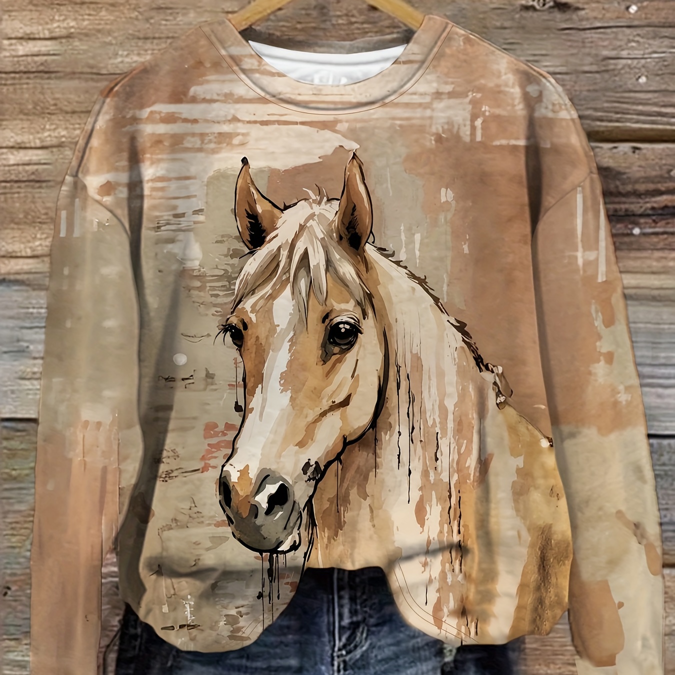 

Women's Plus Size Casual Long Sleeve T-shirt With Realistic Horse Print - Crew Neck, Soft Polyester , Spring And Fall, Comfortable Clothing|plus Size Casualwear|spandex