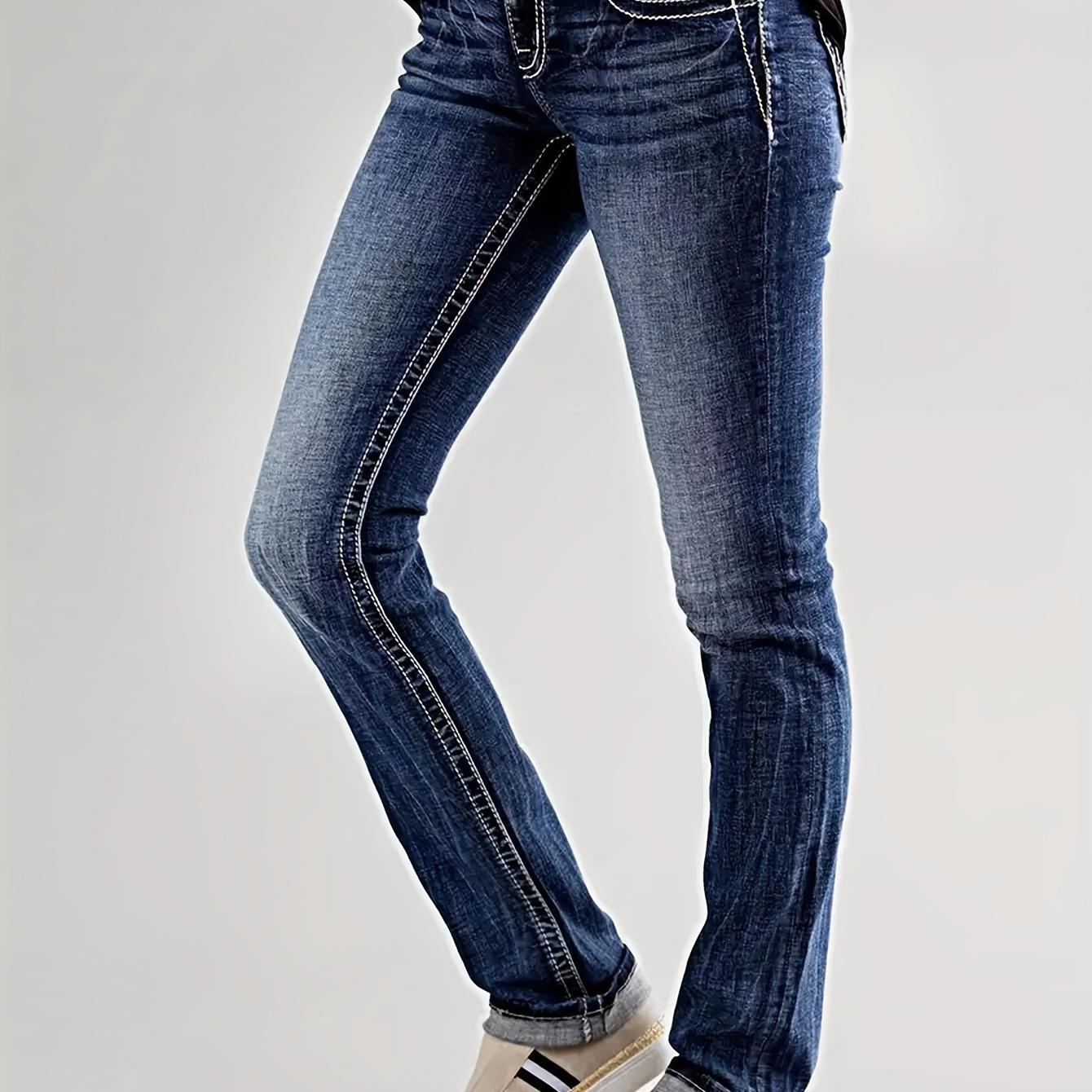 

Retro Back Pocket Detail Whiskering Slim Fit Jeans, High Stretch Washed Straight Leg Denim Pants, Women's Denim Jeans & Clothing