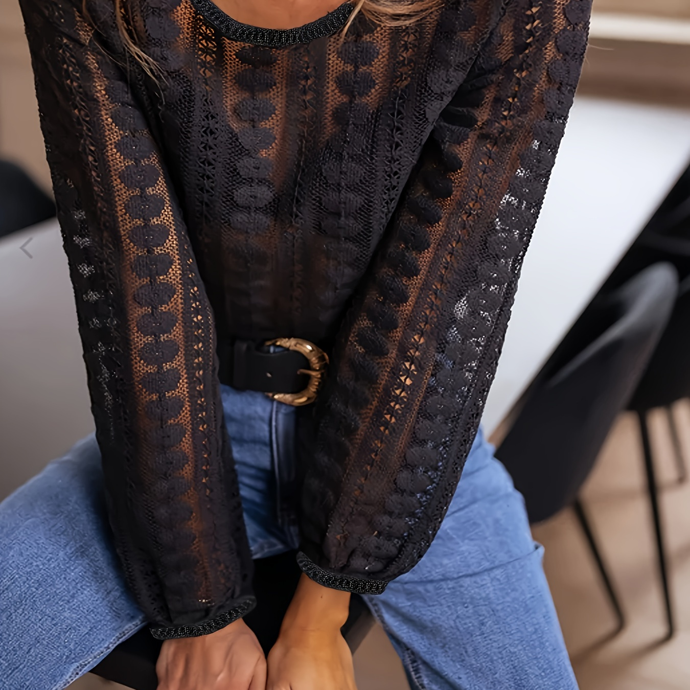 

1pc Elegant Lace Long Sleeve Women's Shirt - 100% Polyester Knit Fabric, Solid Color, Crew Neck, Loose Fit, Spring/fall Top