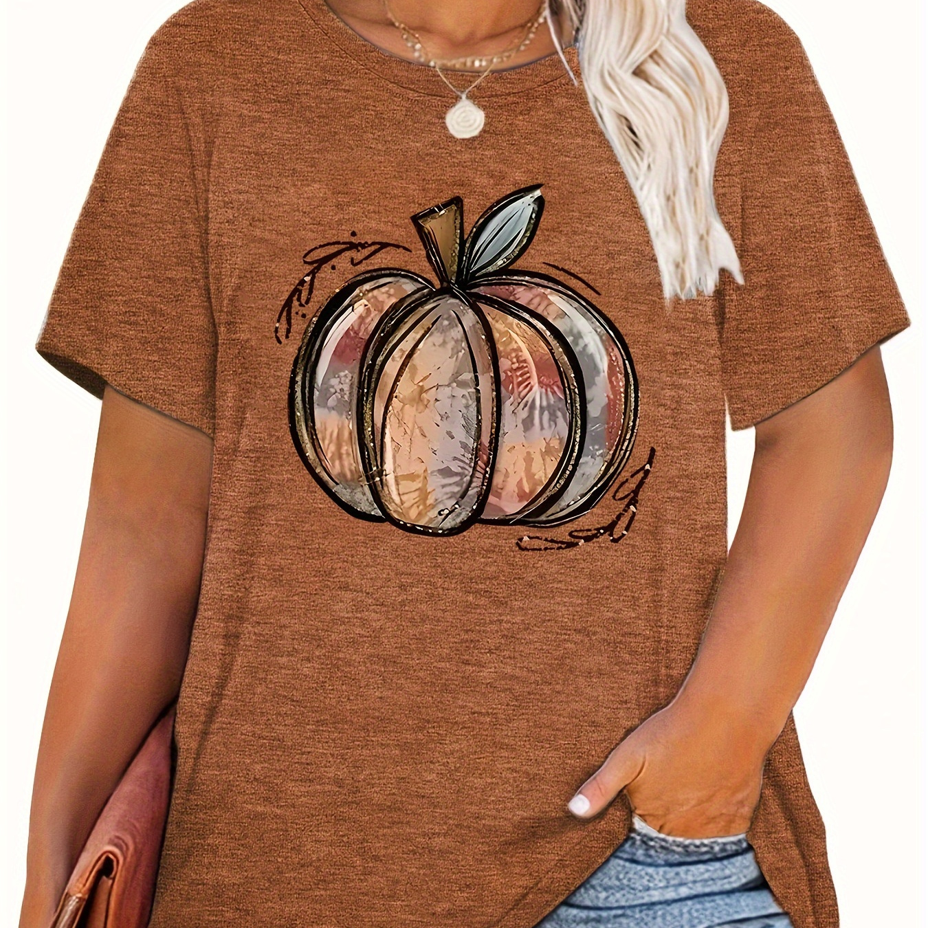 

Plus Size Casual Pumpkin Print T-shirt - Women's Cotton Blend Crew Neck Tee With Slight Stretch, Knit Fabric - Versatile All-season Top