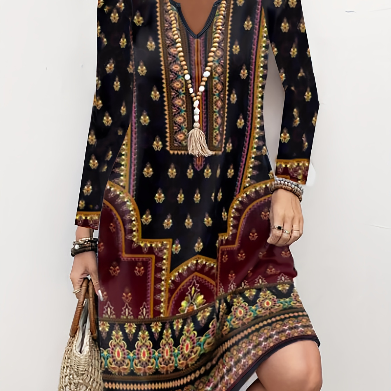 

Ethnic Print Notched Neck Dress, Vintage Long Sleeve Dress For Spring & Fall, Women's Clothing