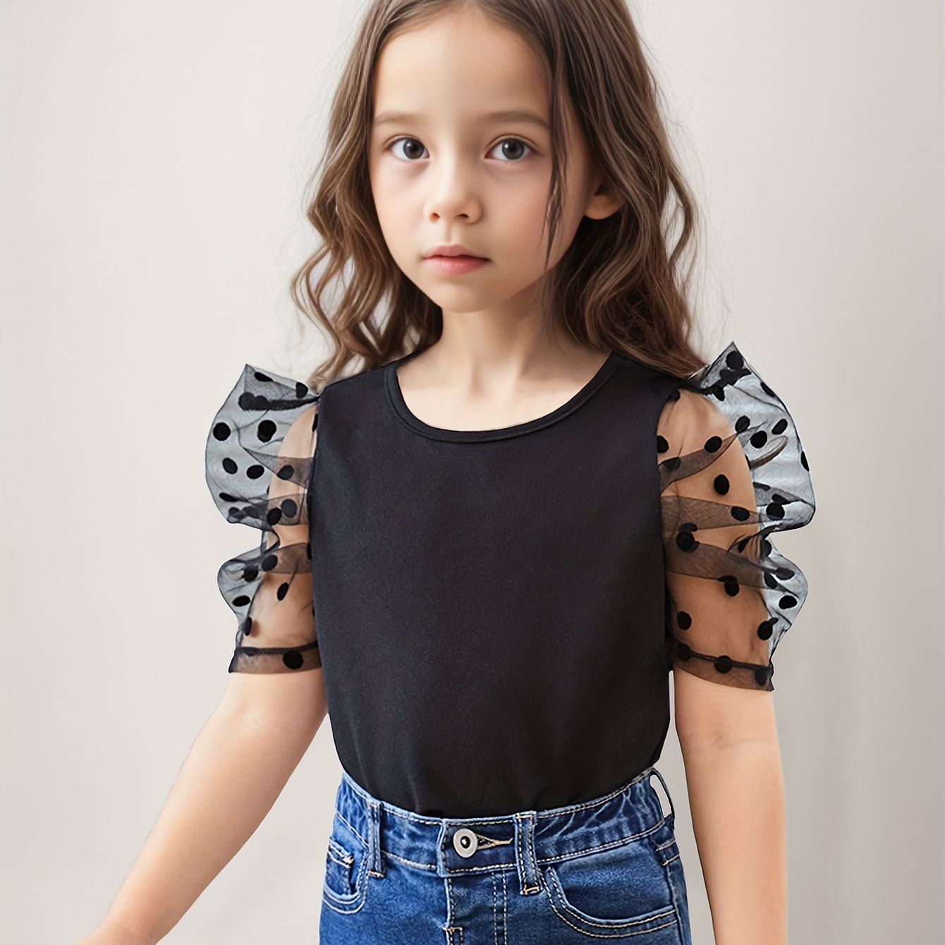 

Polka Dot Design Puff Mesh Sleeve T-shirt, Girls Casual Tees For Summer Party Gift