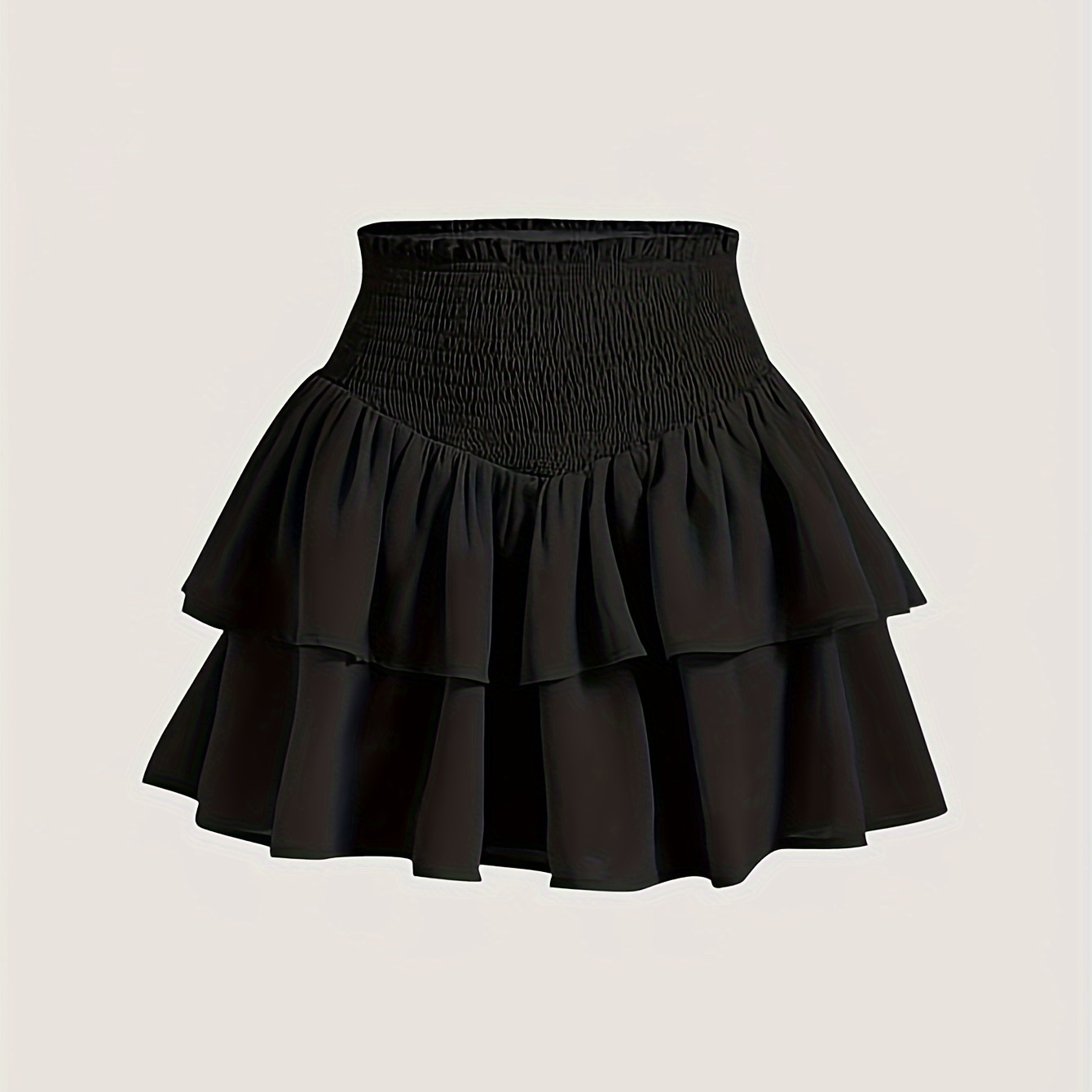 

Basque Shirred Waist Tiered Skirt, Casual High Waist Solid Color Flare Mini Skirt For Spring & Summer, Women's Clothing