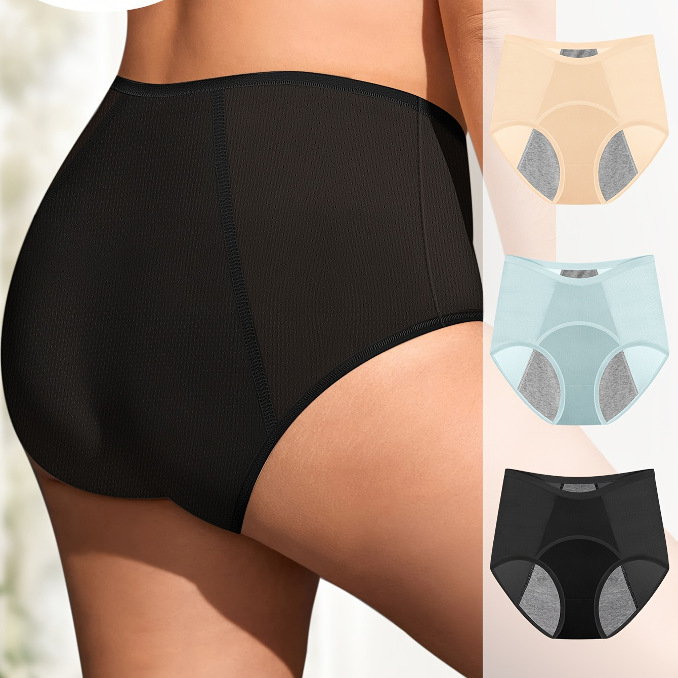 

3pcs Women's Plus Elegant Panties, Plus Size Solid Seamless Leakproof Menstrual Period Briefs