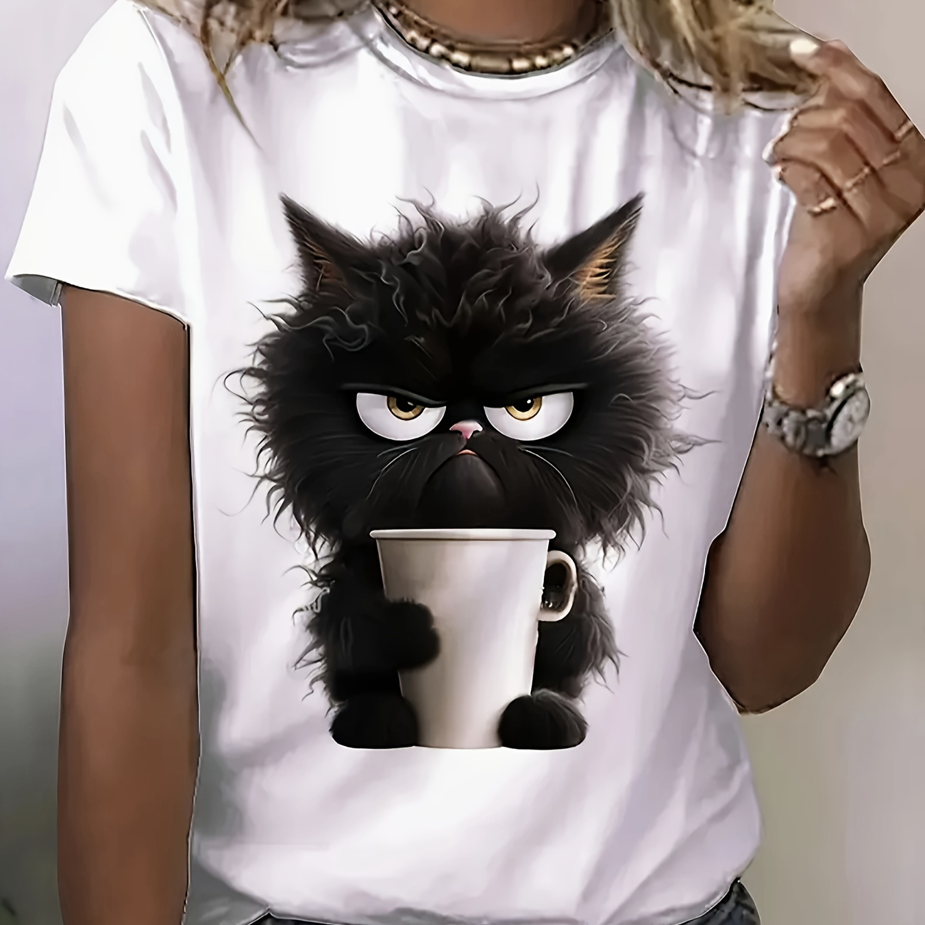 

Cute Cat Print Crew Neck T-shirt, Casual Short Sleeve Top For Spring & Summer, Women's Clothing