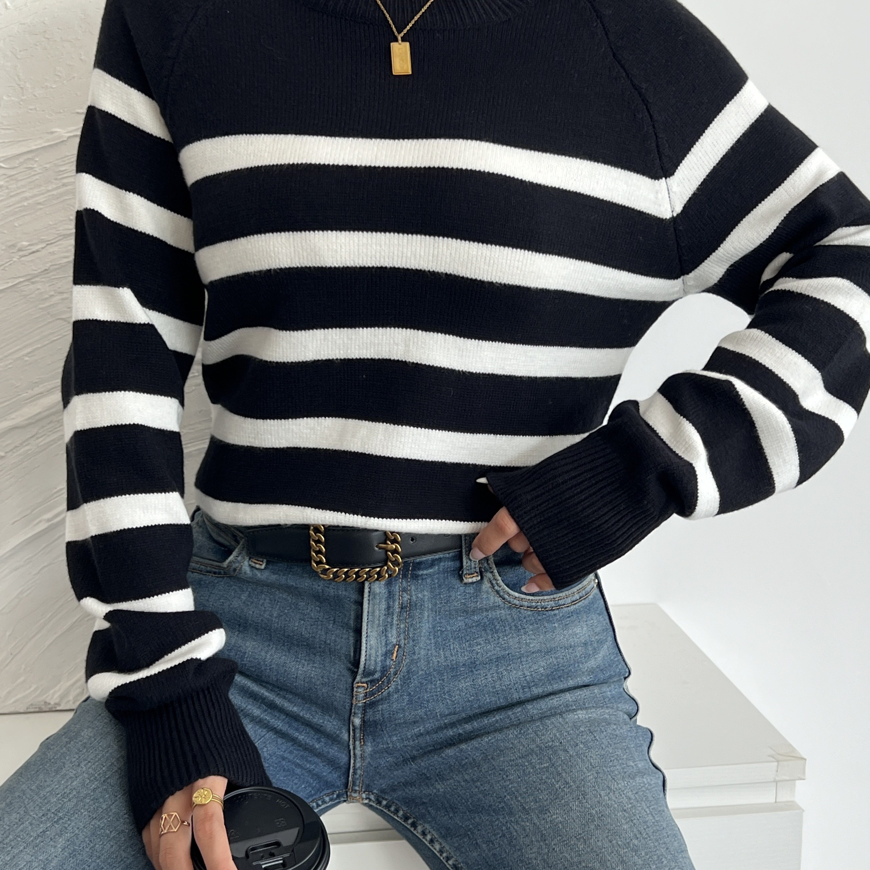 

Pull rayé à col rond, élégant pull fin à manches longues pour et l'hiver, vêtements pour femmes