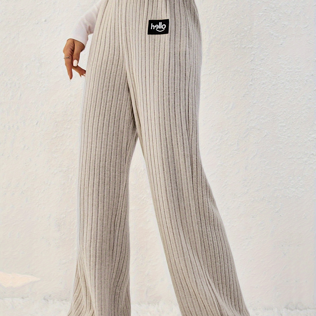 

Letter Pattern Ribbed Straight Leg Pants, Casual High Waist Pants For Fall & Winter, Women's Clothing