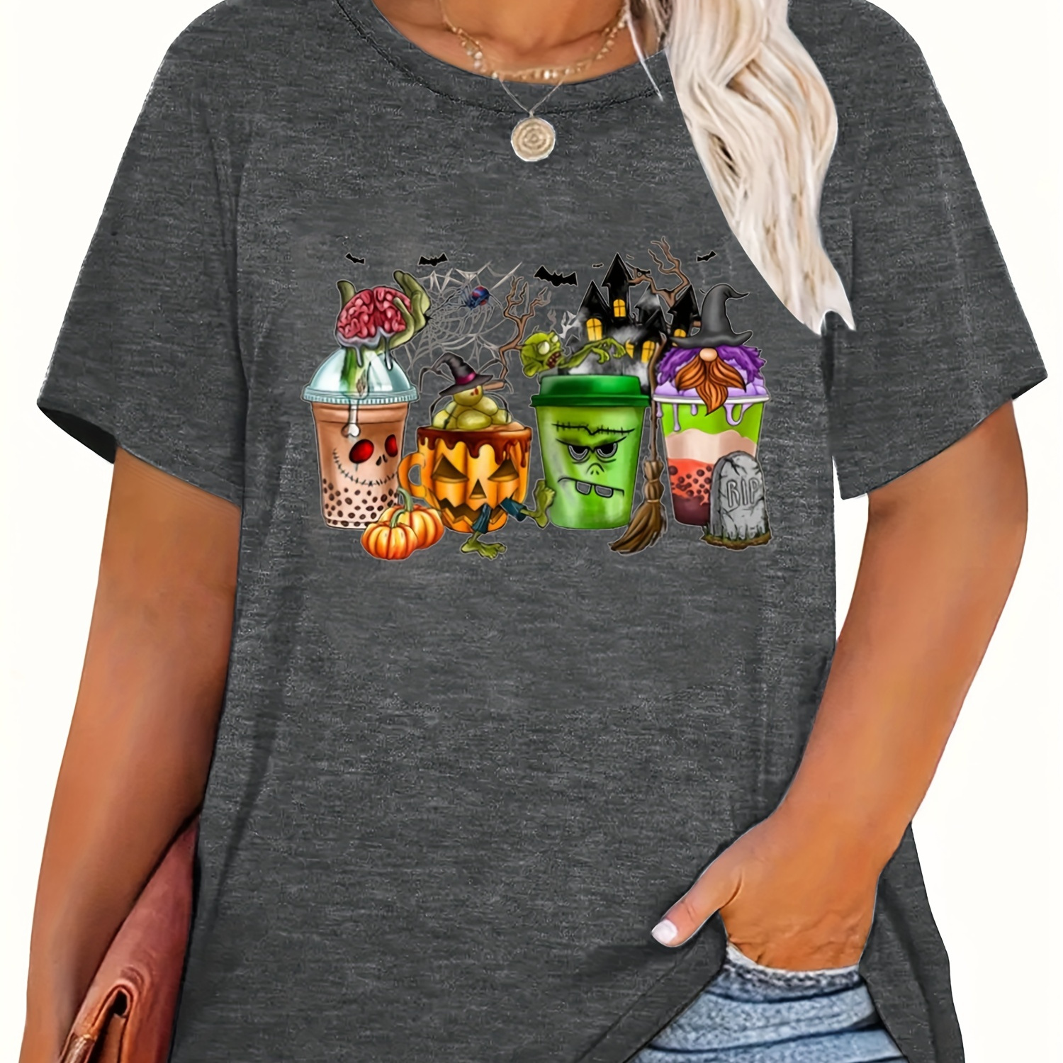 

Plus Size Halloween Drinking Print T-shirt, Casual Short Sleeve Crew Neck Top For Spring & Summer, Women's Plus Size Clothing