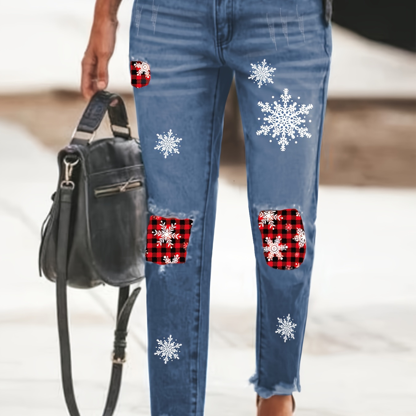 

Christmas & Print Trim Ripped Denim Jeans, Button Fly Tapered Leg Denim Pants, Women's Denim Jeans & Clothing