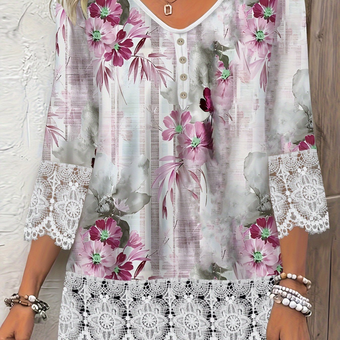 

Print Blouse With Lace Detailing & Button Accents - V-neck, Mid-sleeve, Polyester - Machine Washable - Spring/fall, Plus Size Blouse