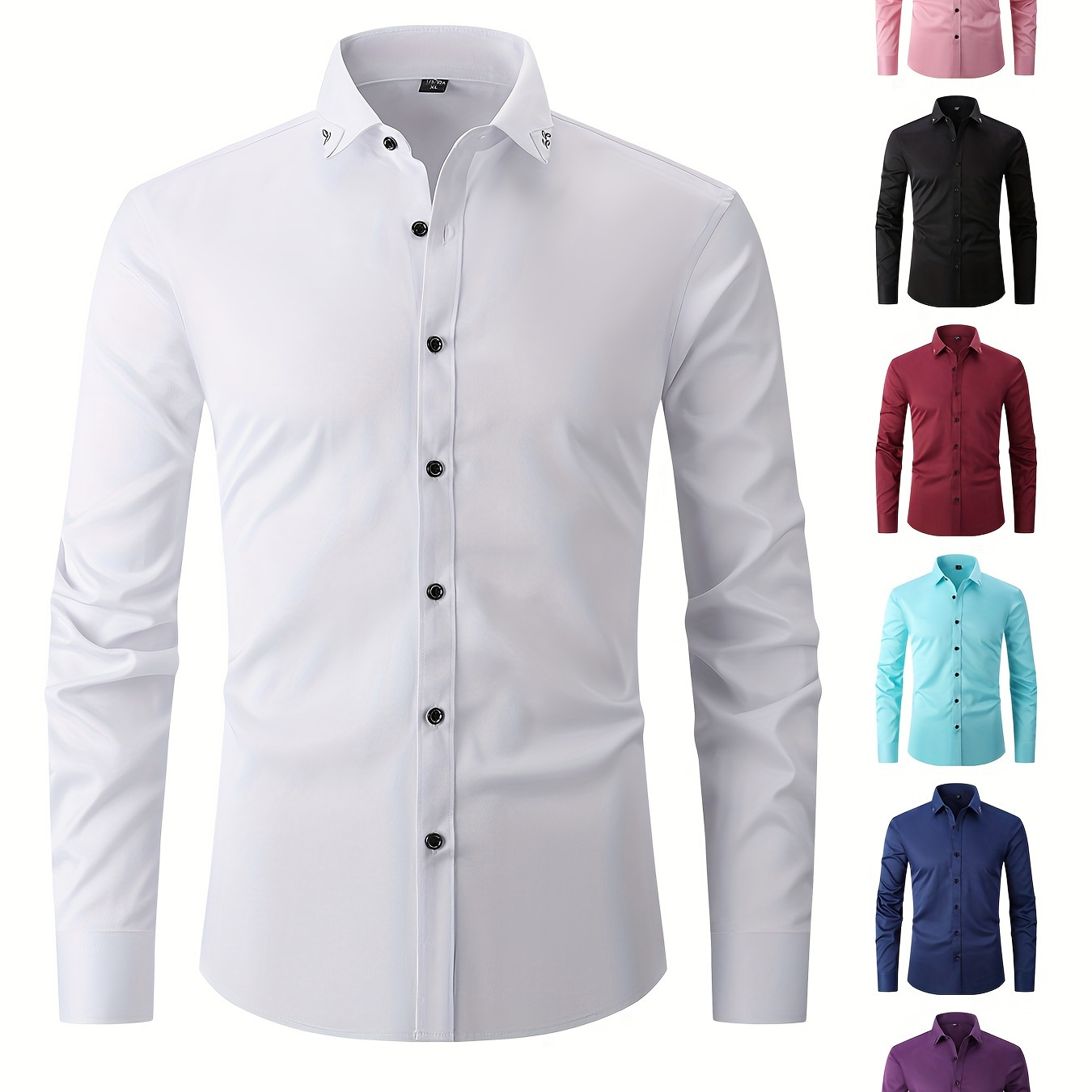 

Men's Embroidered Solid Color Business Dress Shirt, Polyester 95% Elastane 5% Stretch, Long Sleeve, Regular Fit, Single Breasted, Spring/fall Season, Woven Fabric, 145gsm Weight